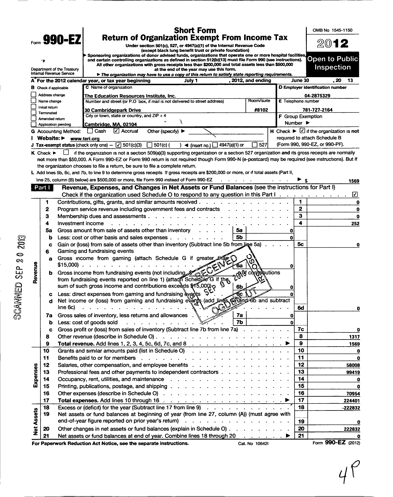 Image of first page of 2012 Form 990EZ for Education Resources Institute (TERI)