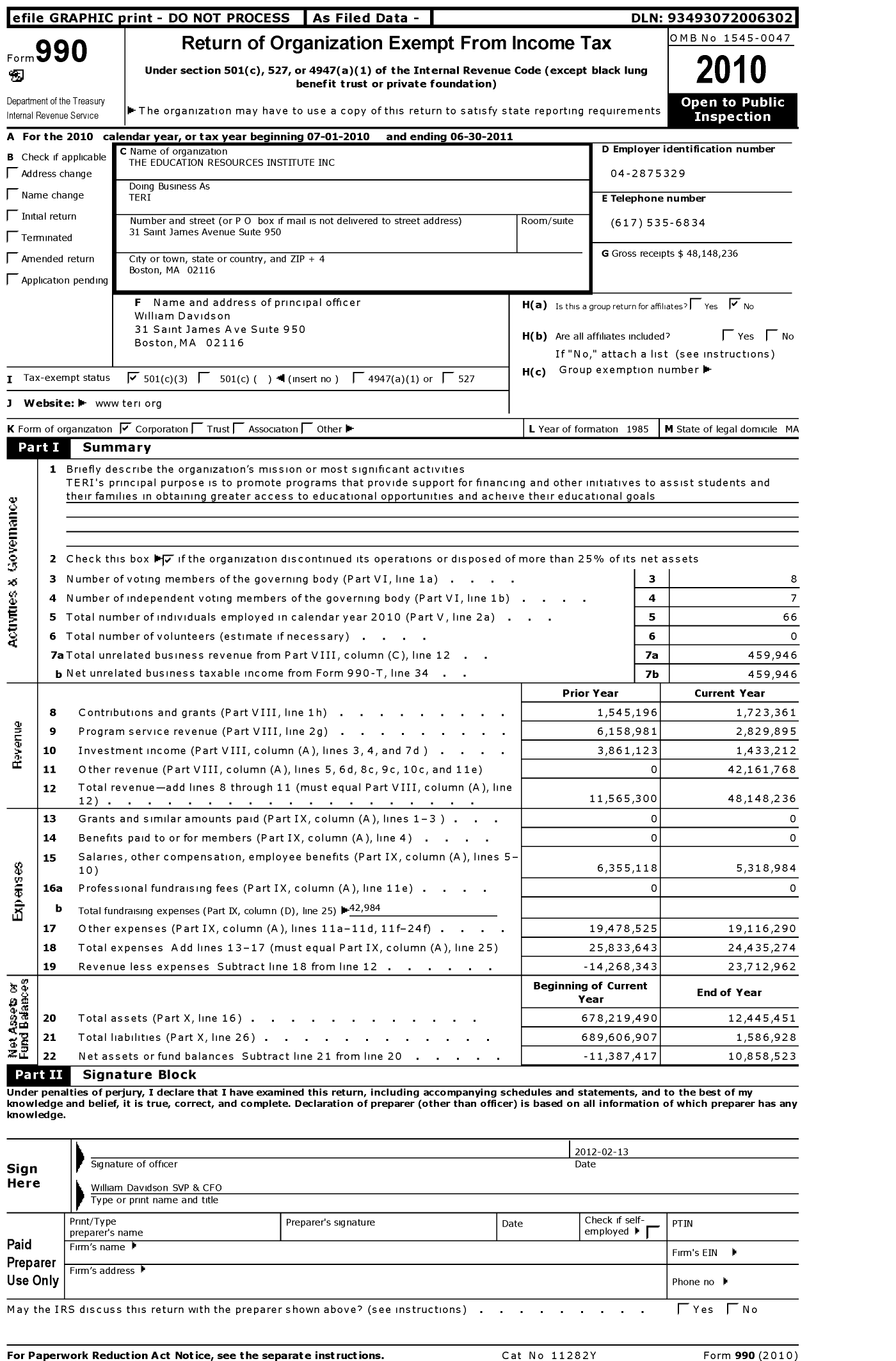 Image of first page of 2010 Form 990 for Education Resources Institute (TERI)