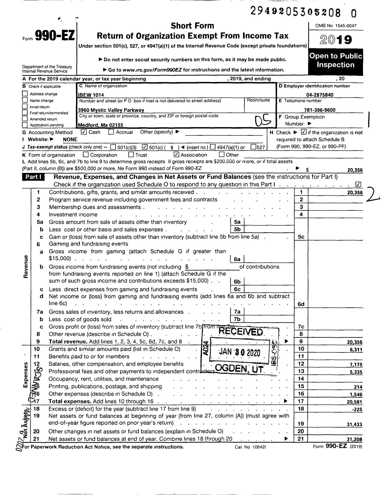 Image of first page of 2019 Form 990EO for International Brotherhood of Electrical Workers - 1014 Local Union