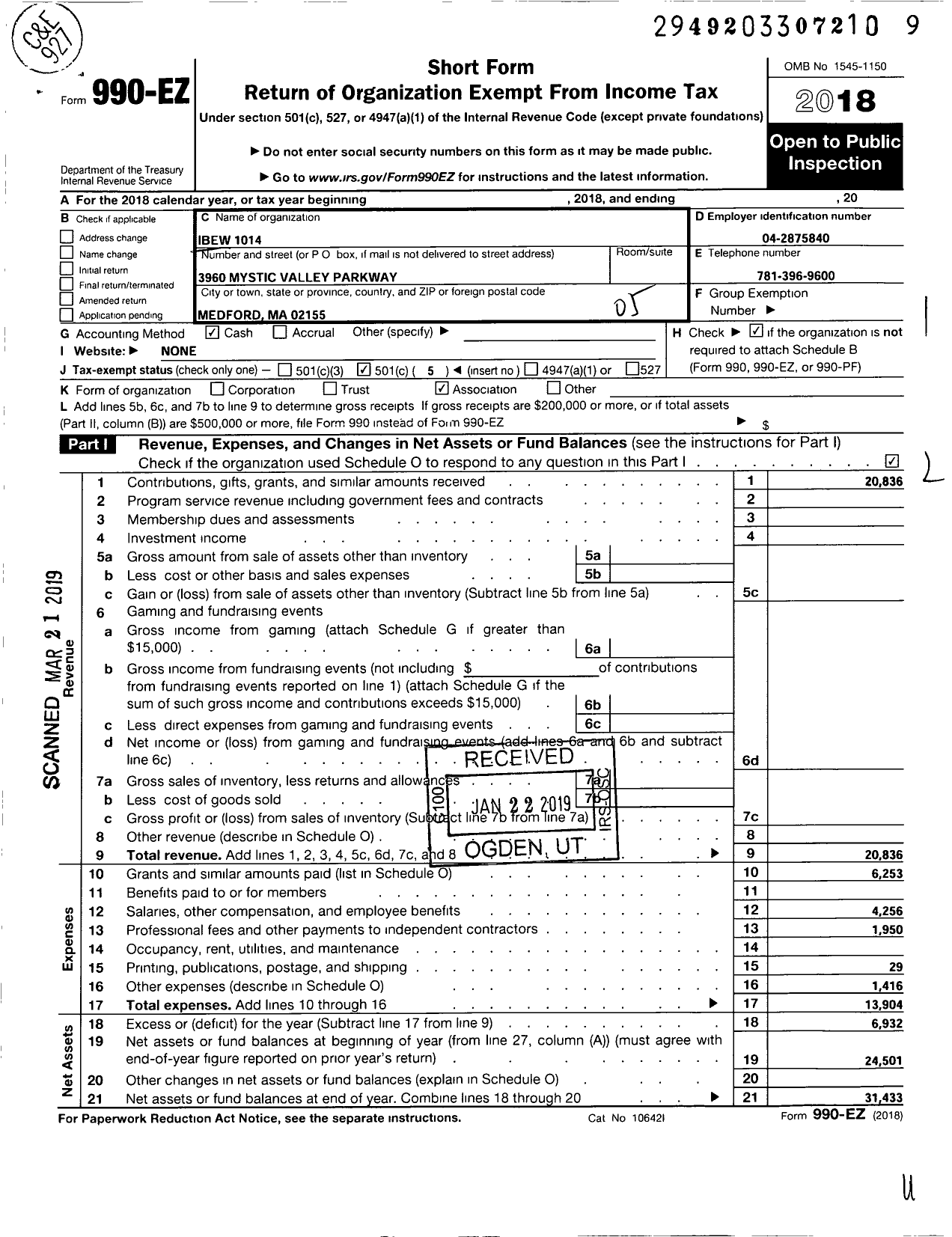 Image of first page of 2018 Form 990EO for International Brotherhood of Electrical Workers - 1014 Local Union