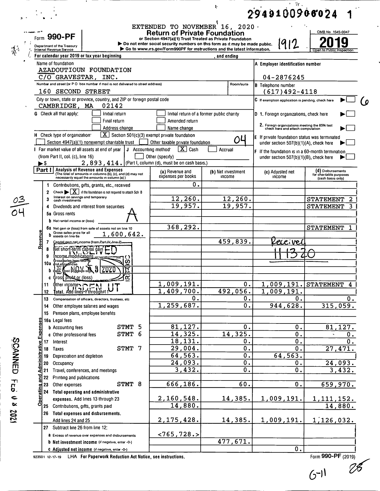 Image of first page of 2019 Form 990PF for Azadoutioun Foundation