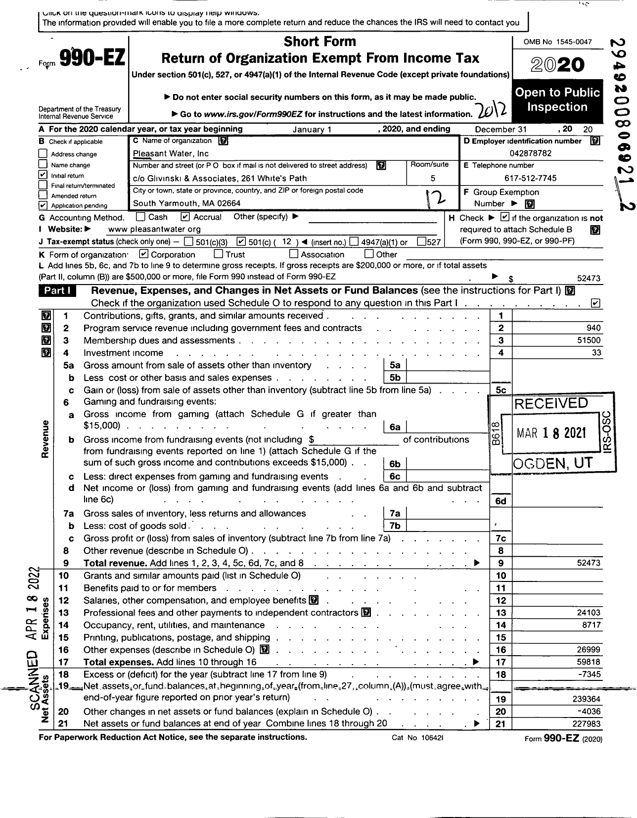 Image of first page of 2020 Form 990EO for Pleasant Water