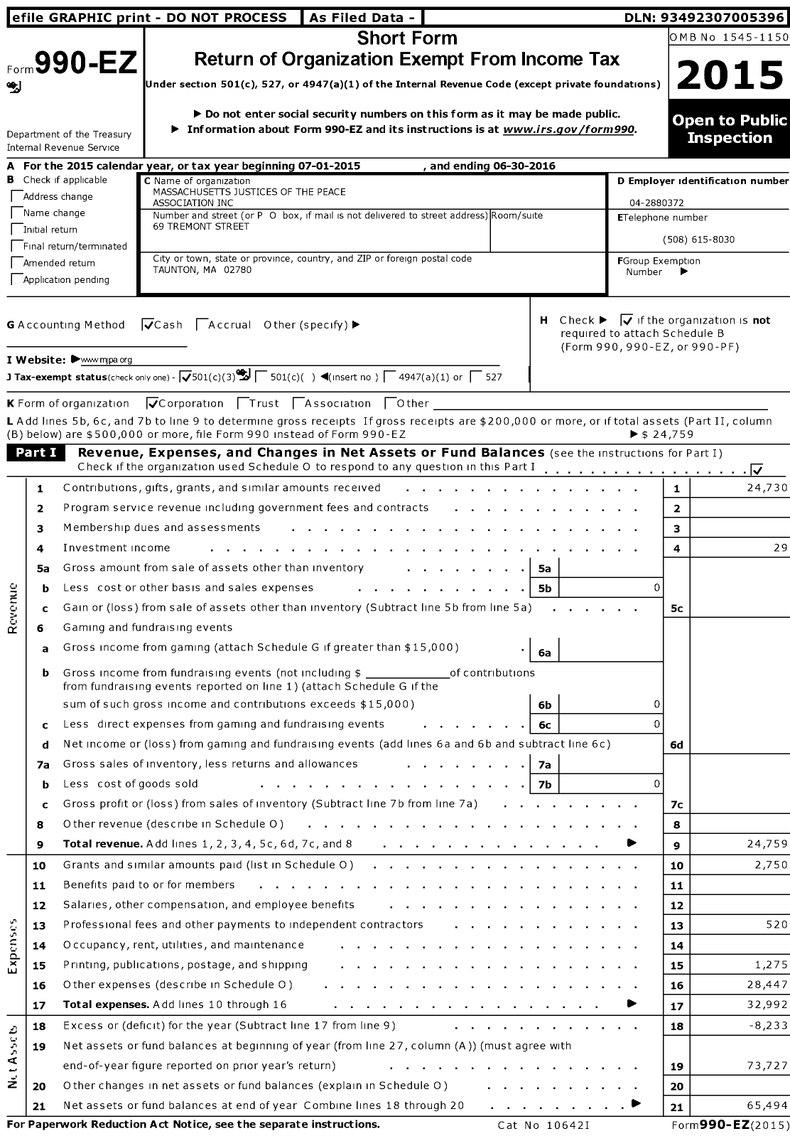 Image of first page of 2015 Form 990EZ for Massachusetts Justices of the Peace Association