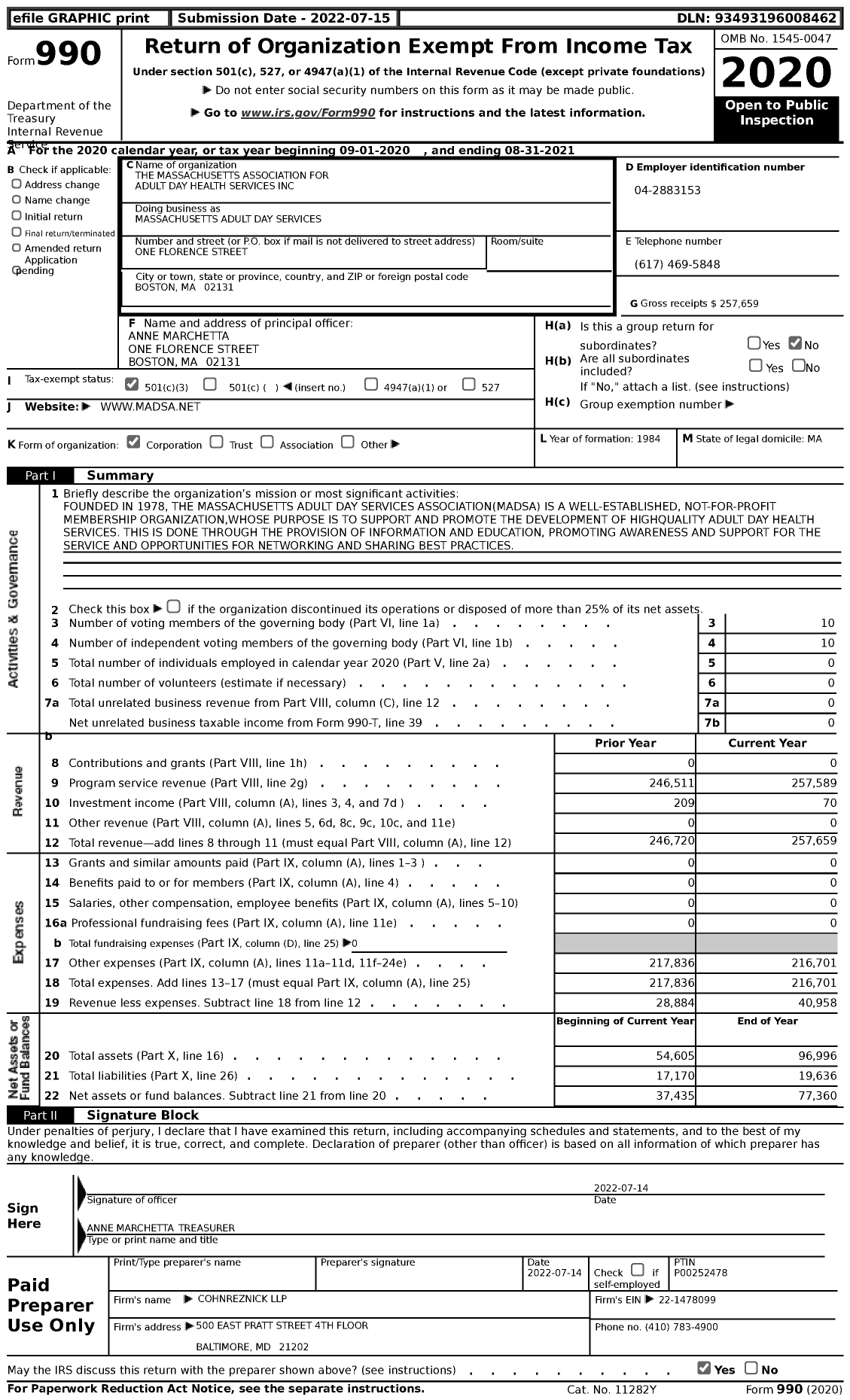 Image of first page of 2020 Form 990 for Massachusetts Adult Day Services