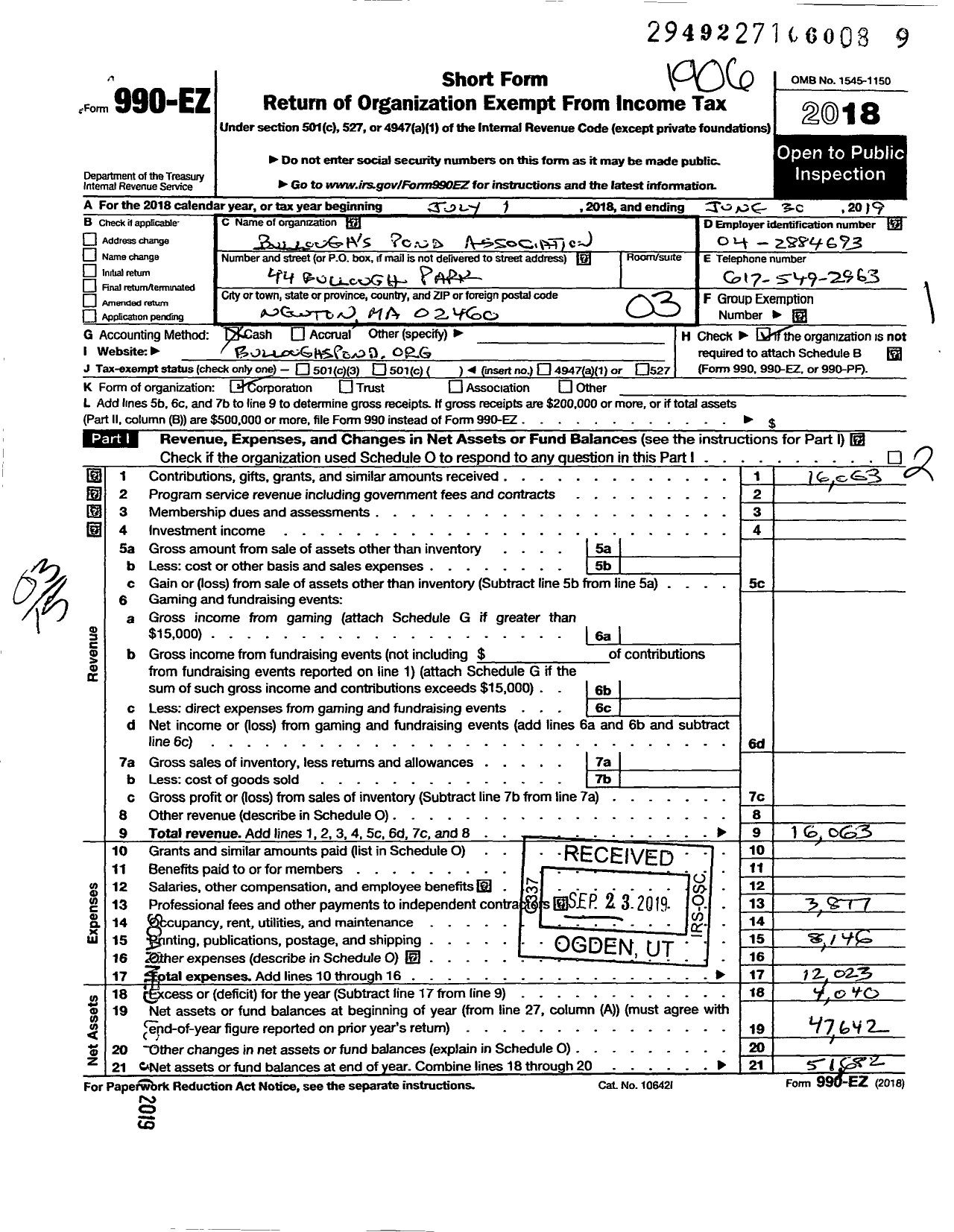 Image of first page of 2018 Form 990EZ for Bulloughs Pond Association