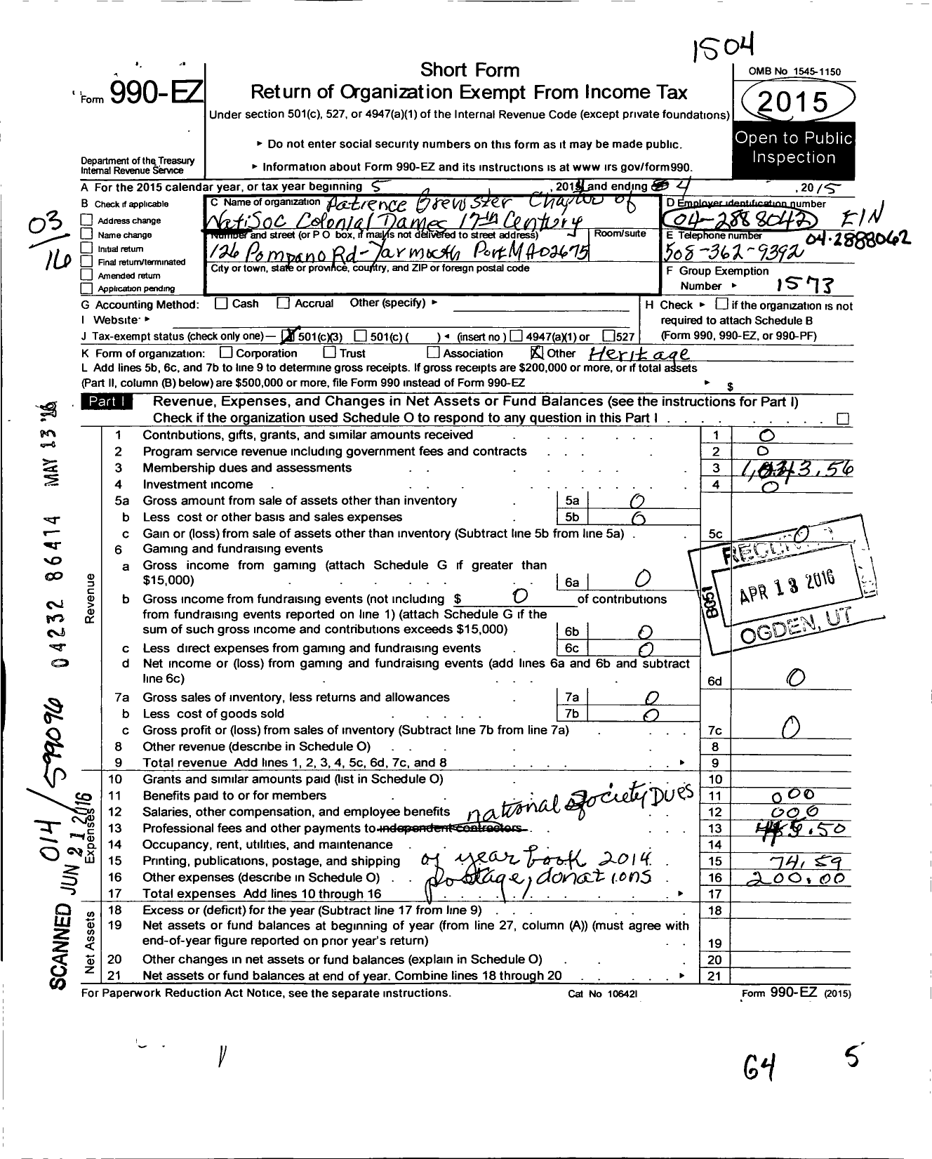 Image of first page of 2014 Form 990EZ for National Society Colonial Dames Xvii Century / Patience Brewster Chapter