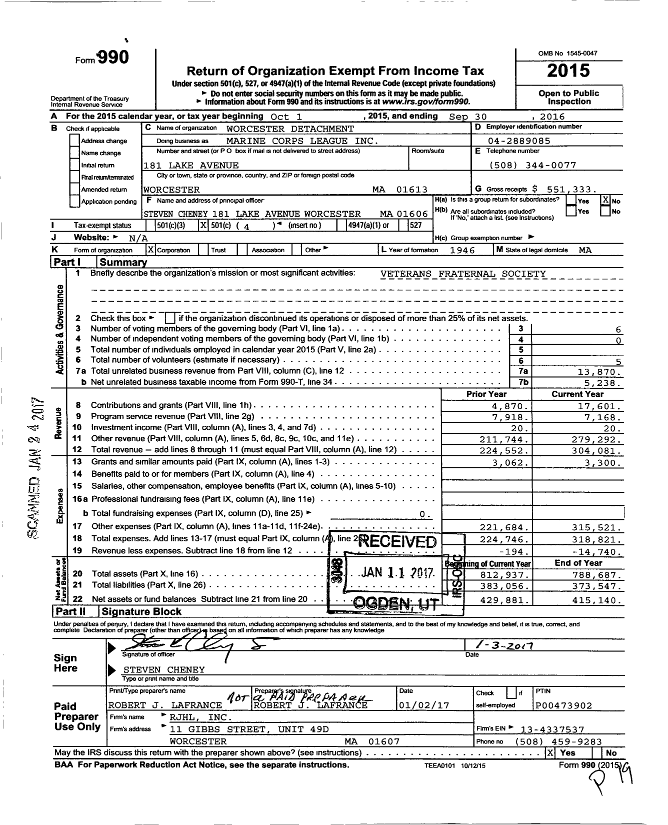 Image of first page of 2015 Form 990O for Worcester Detachment Marine Corps League