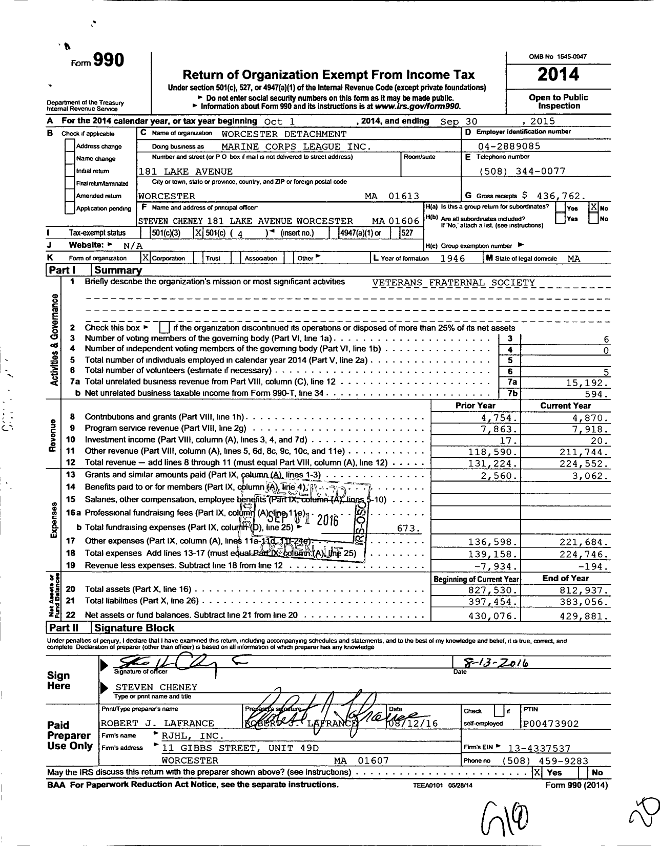 Image of first page of 2014 Form 990O for Worcester Detachment Marine Corps League