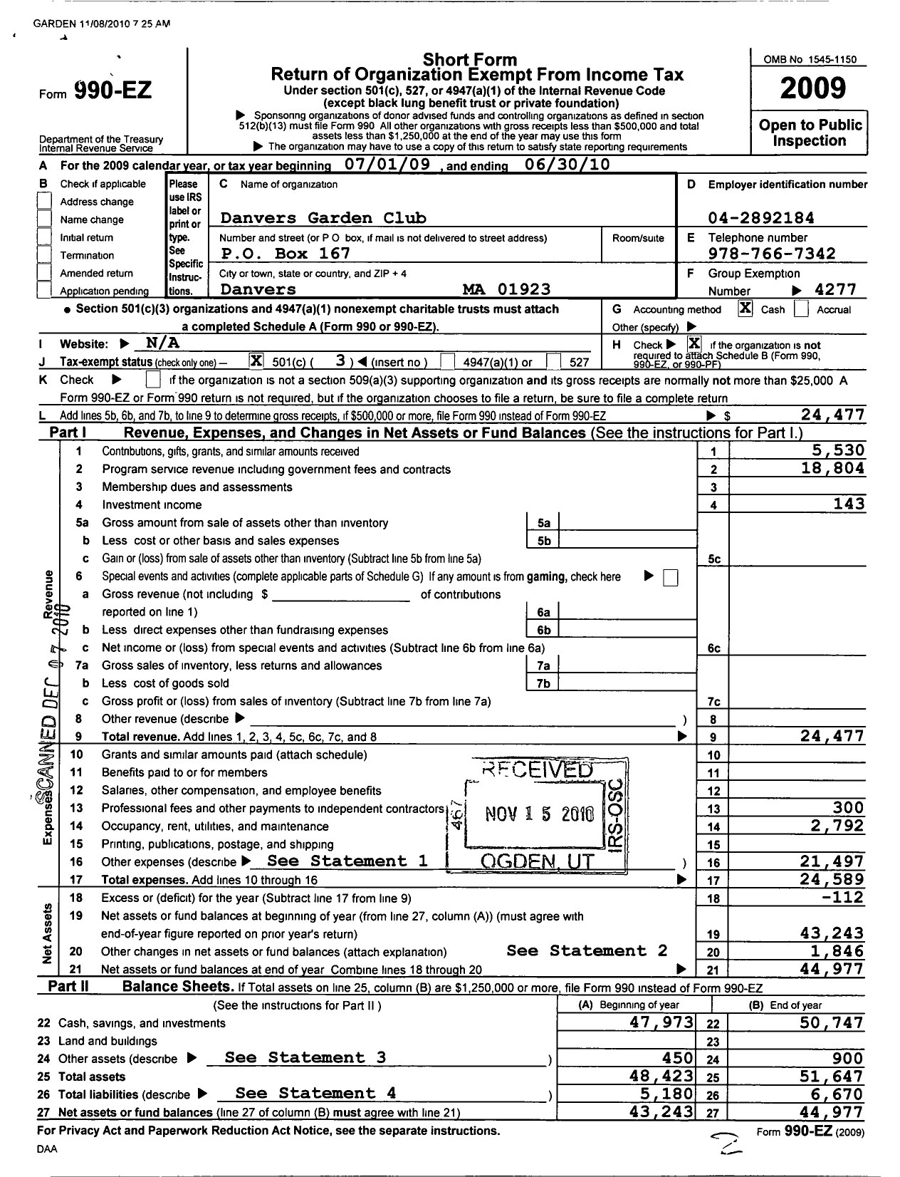 Image of first page of 2009 Form 990EZ for Danvers Garden Club