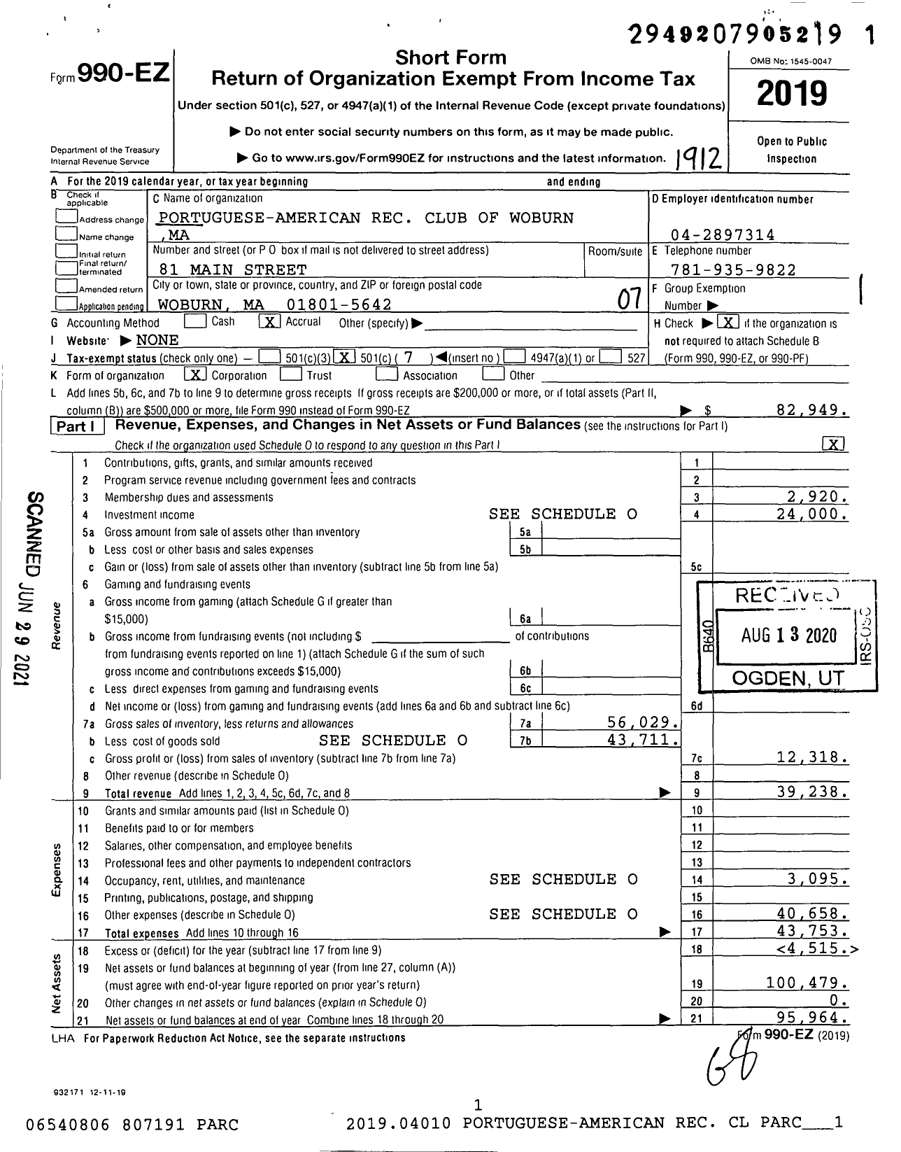 Image of first page of 2019 Form 990EO for Portuguese-American Rec Club of Woburn Ma