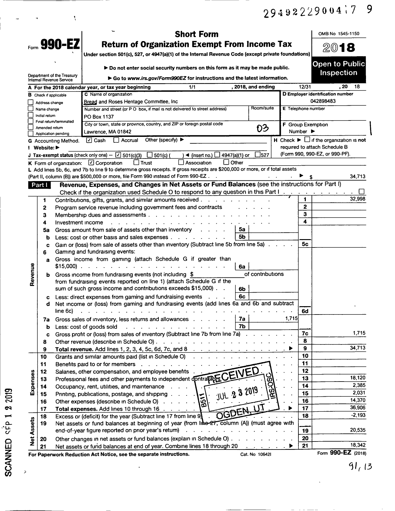 Image of first page of 2018 Form 990EZ for Bread and Roses Heritage Committee