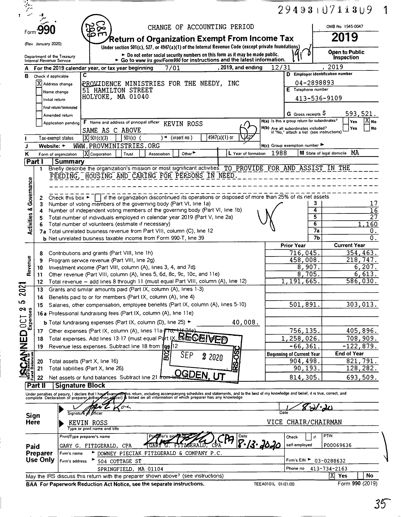 Image of first page of 2019 Form 990 for Providence Ministries for the Needy