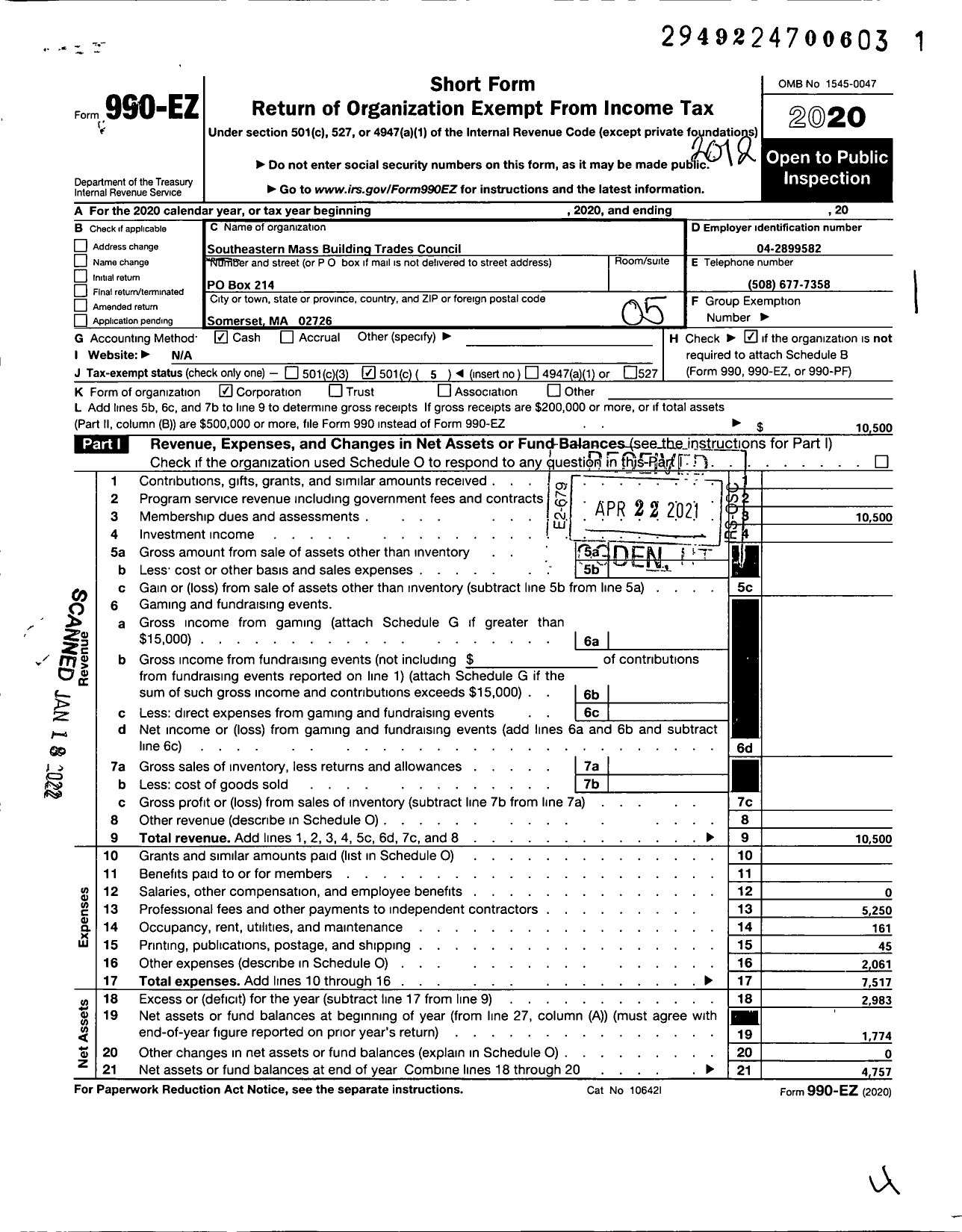 Image of first page of 2020 Form 990EO for AFL-CIO - Southeast Massachusetts Bldg & CNST