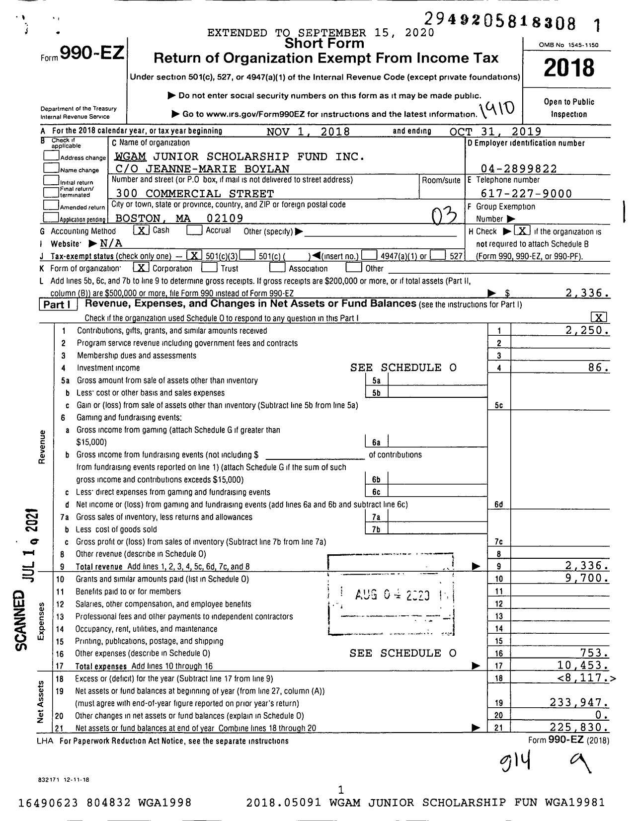 Image of first page of 2018 Form 990EZ for Wgam Junior Scholarship Fund