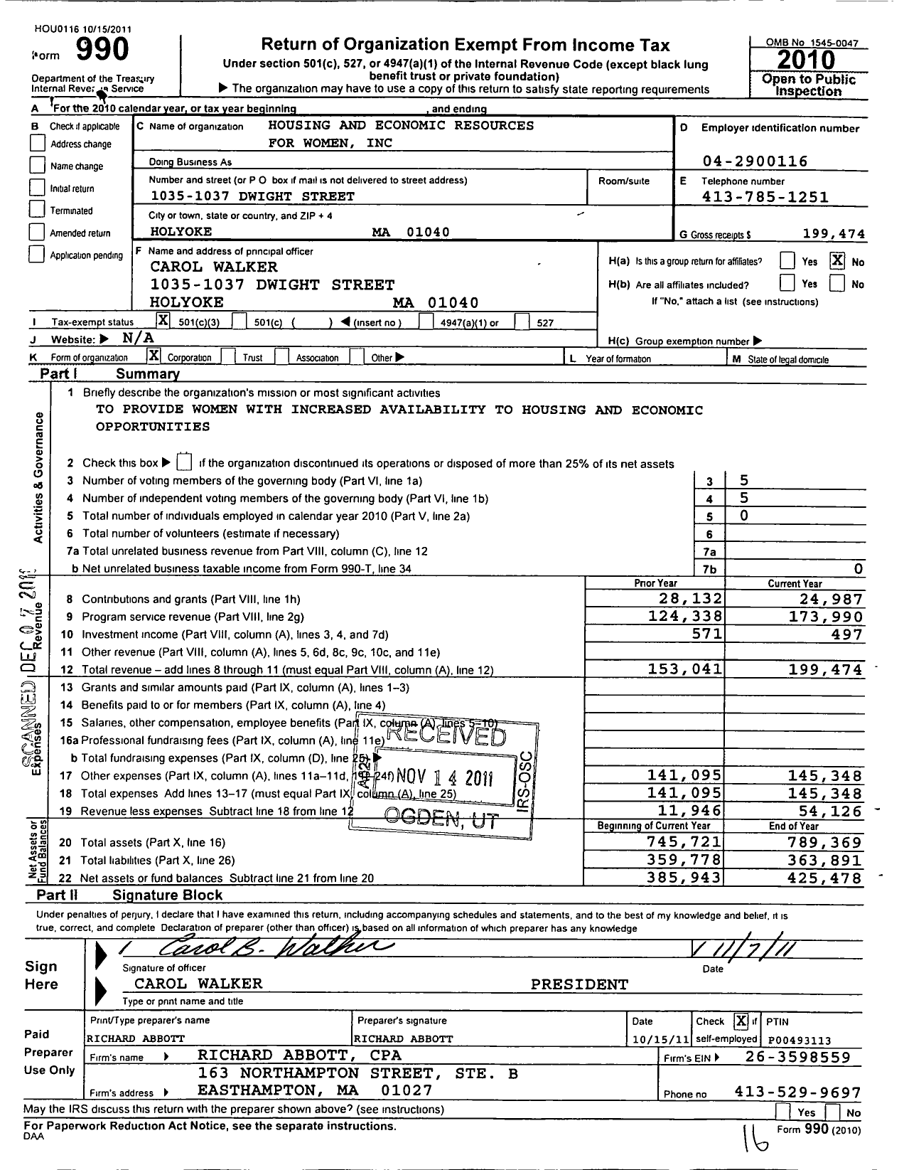 Image of first page of 2010 Form 990 for Housing and Economic Resources for Women