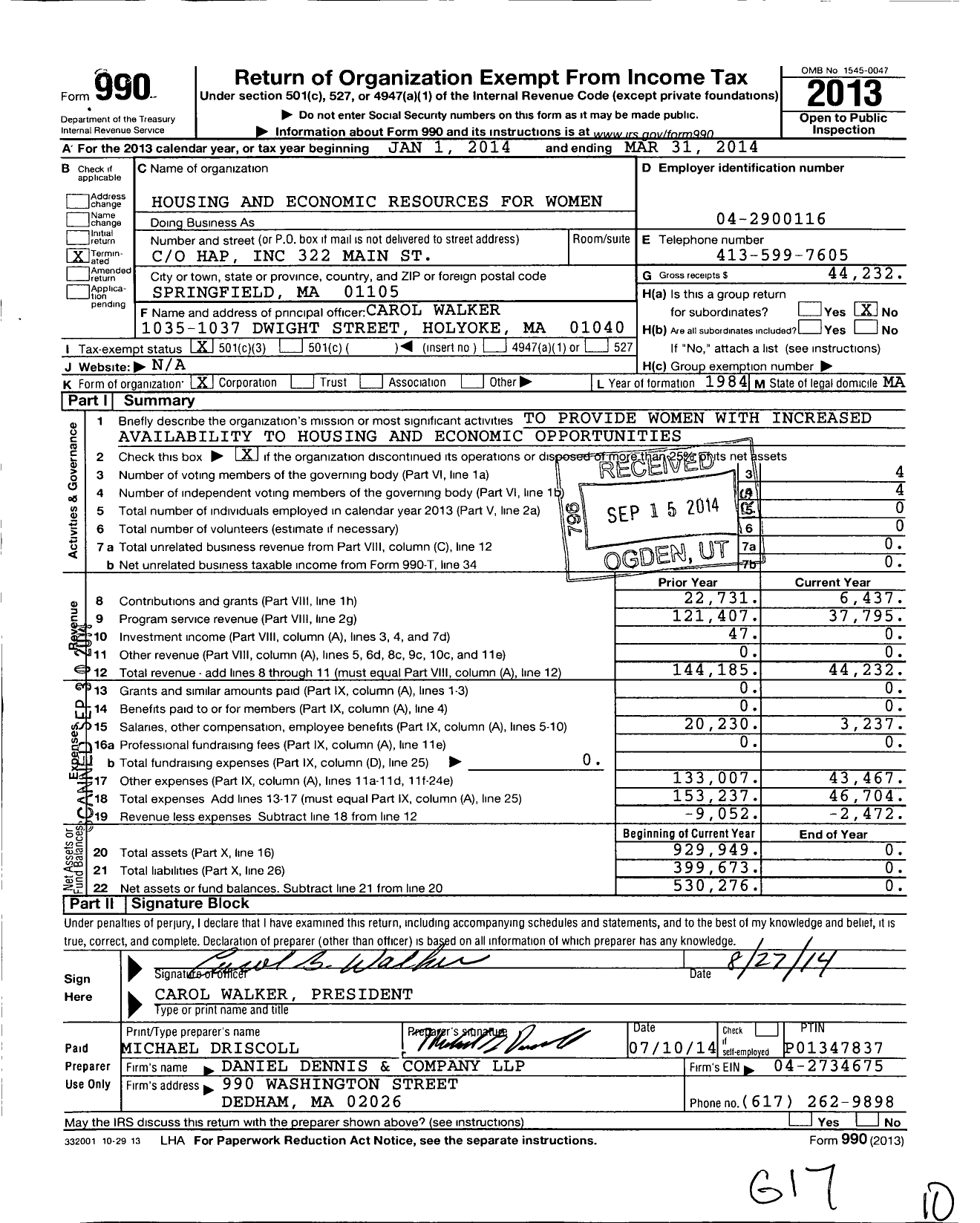 Image of first page of 2013 Form 990 for Housing and Economic Resources for Women