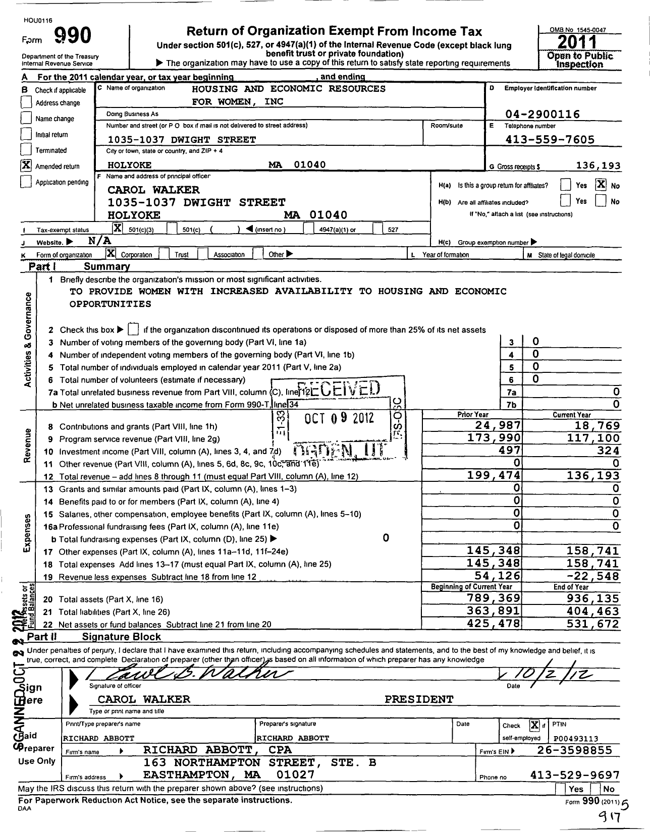 Image of first page of 2011 Form 990 for Housing and Economic Resources for Women