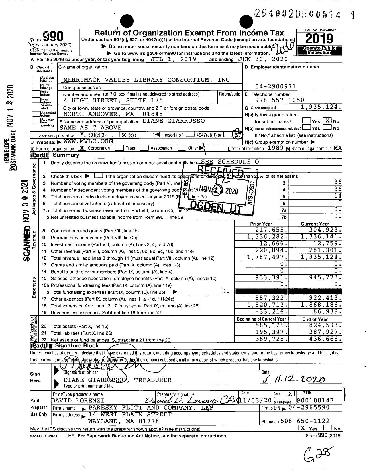 Image of first page of 2019 Form 990 for Merrimack Valley Library Consortium