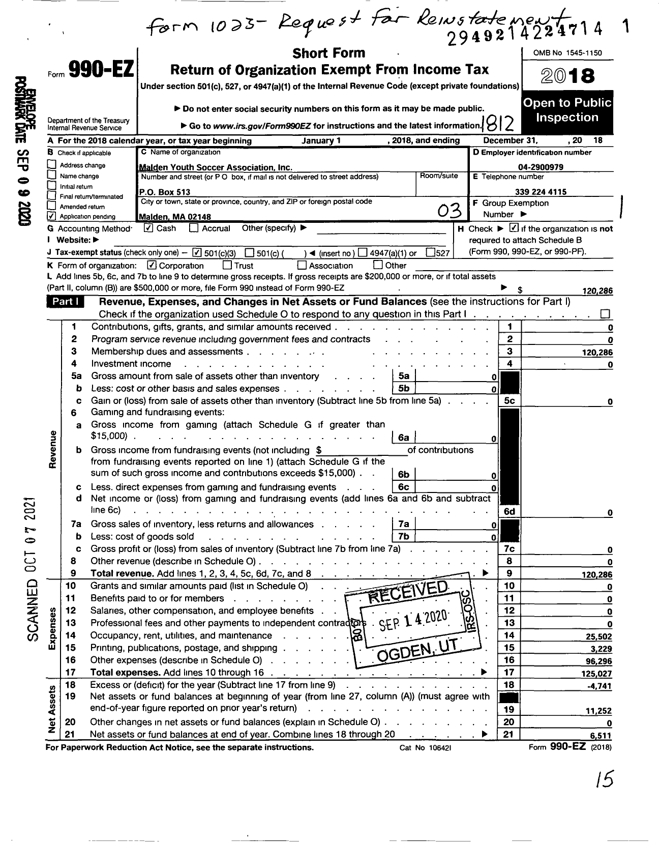 Image of first page of 2018 Form 990EZ for Malden Youth Soccer Association