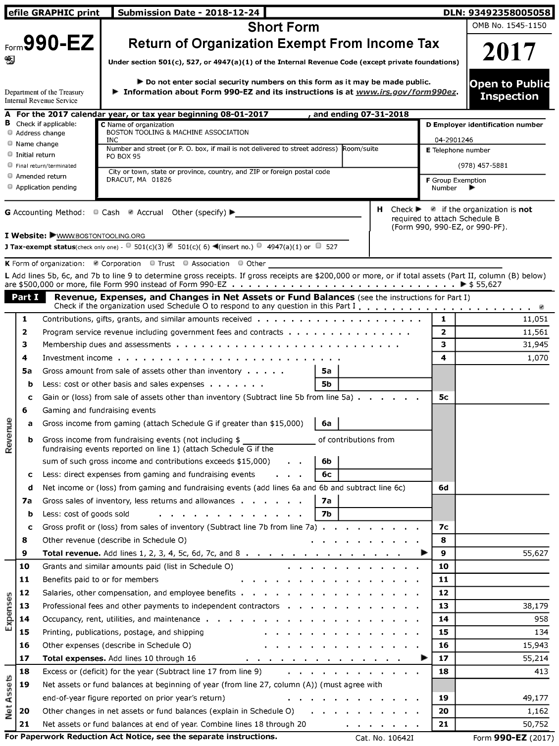 Image of first page of 2017 Form 990EZ for Boston Tooling and Machining Association