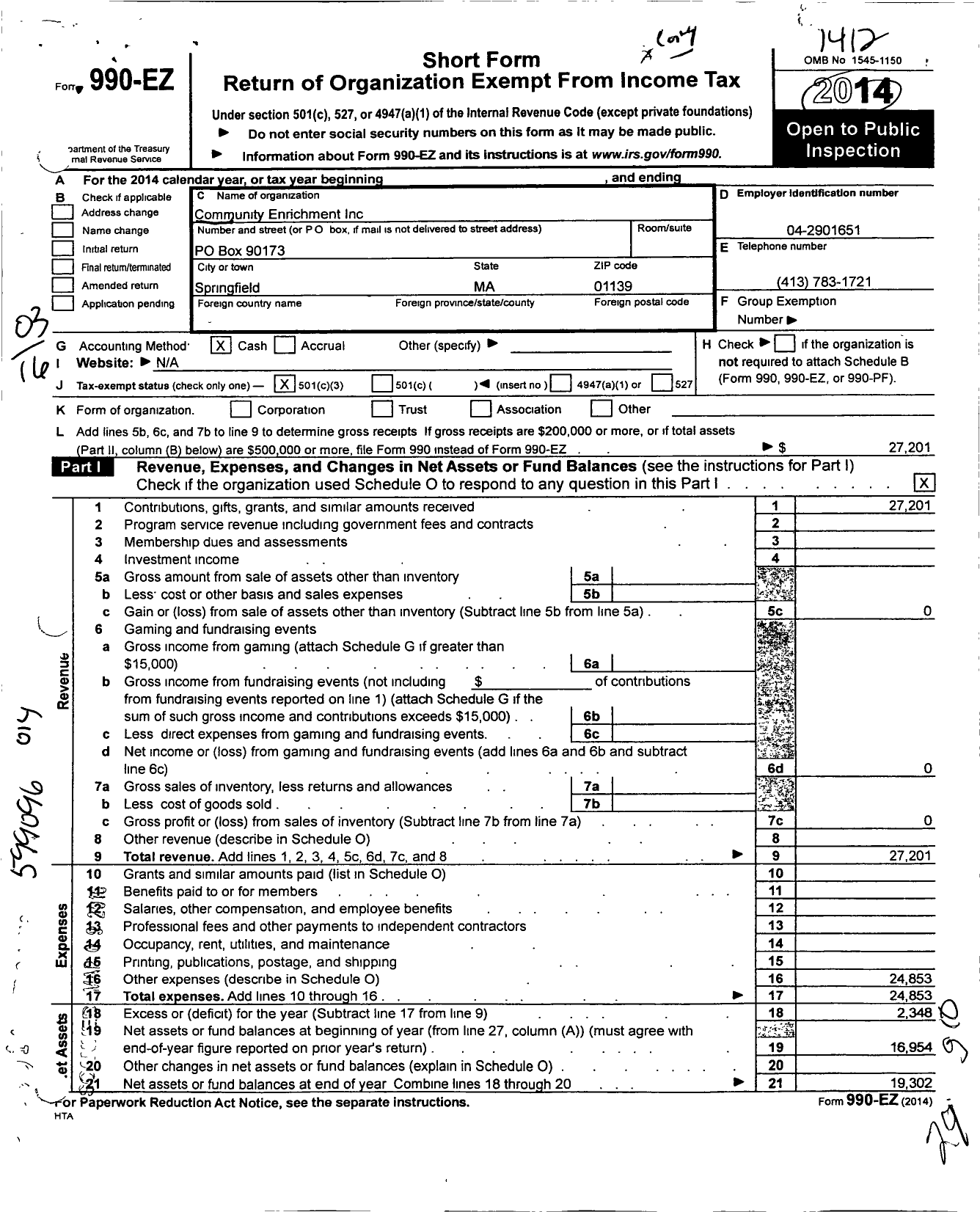 Image of first page of 2014 Form 990EZ for Community Enrichment