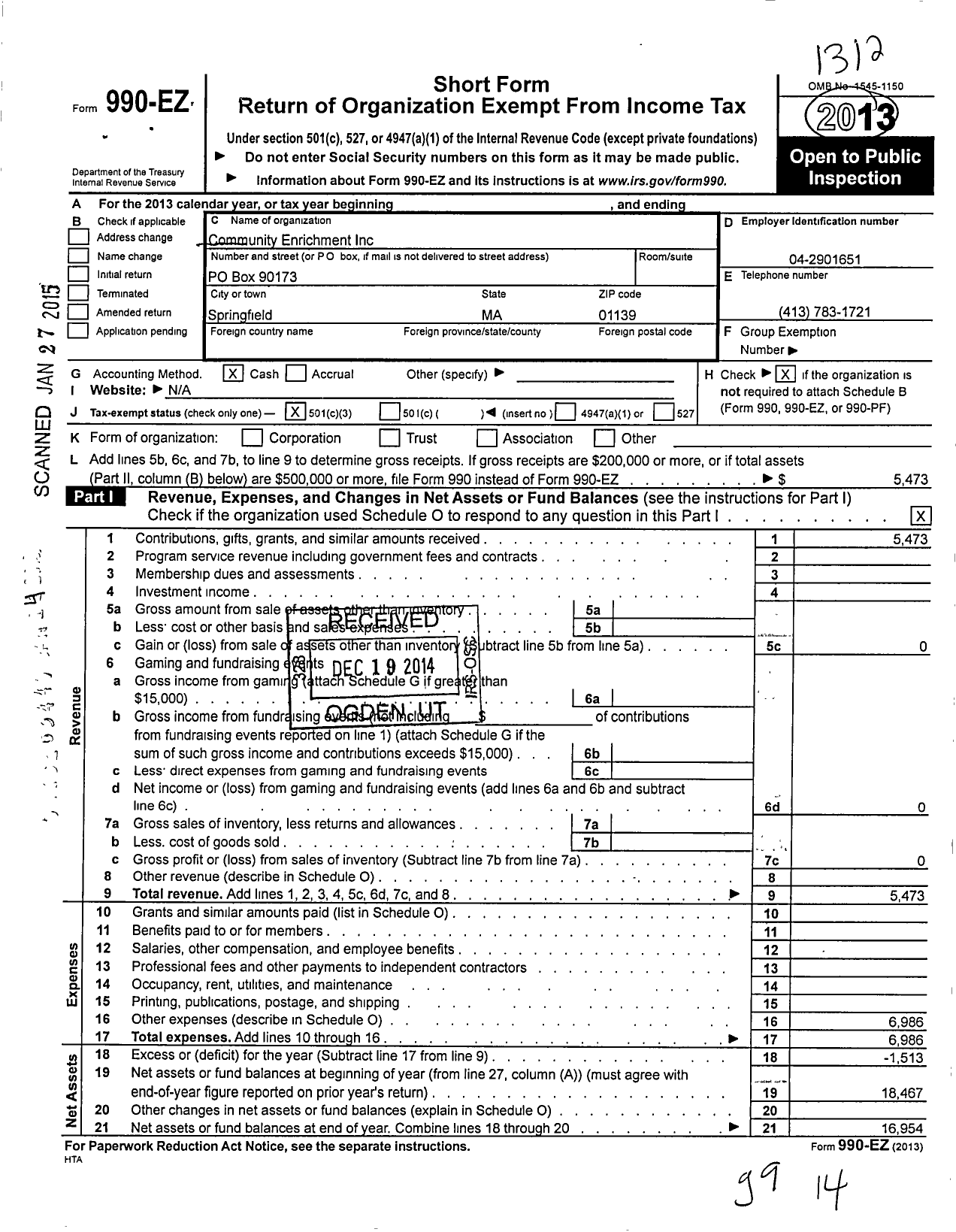 Image of first page of 2013 Form 990EZ for Community Enrichment