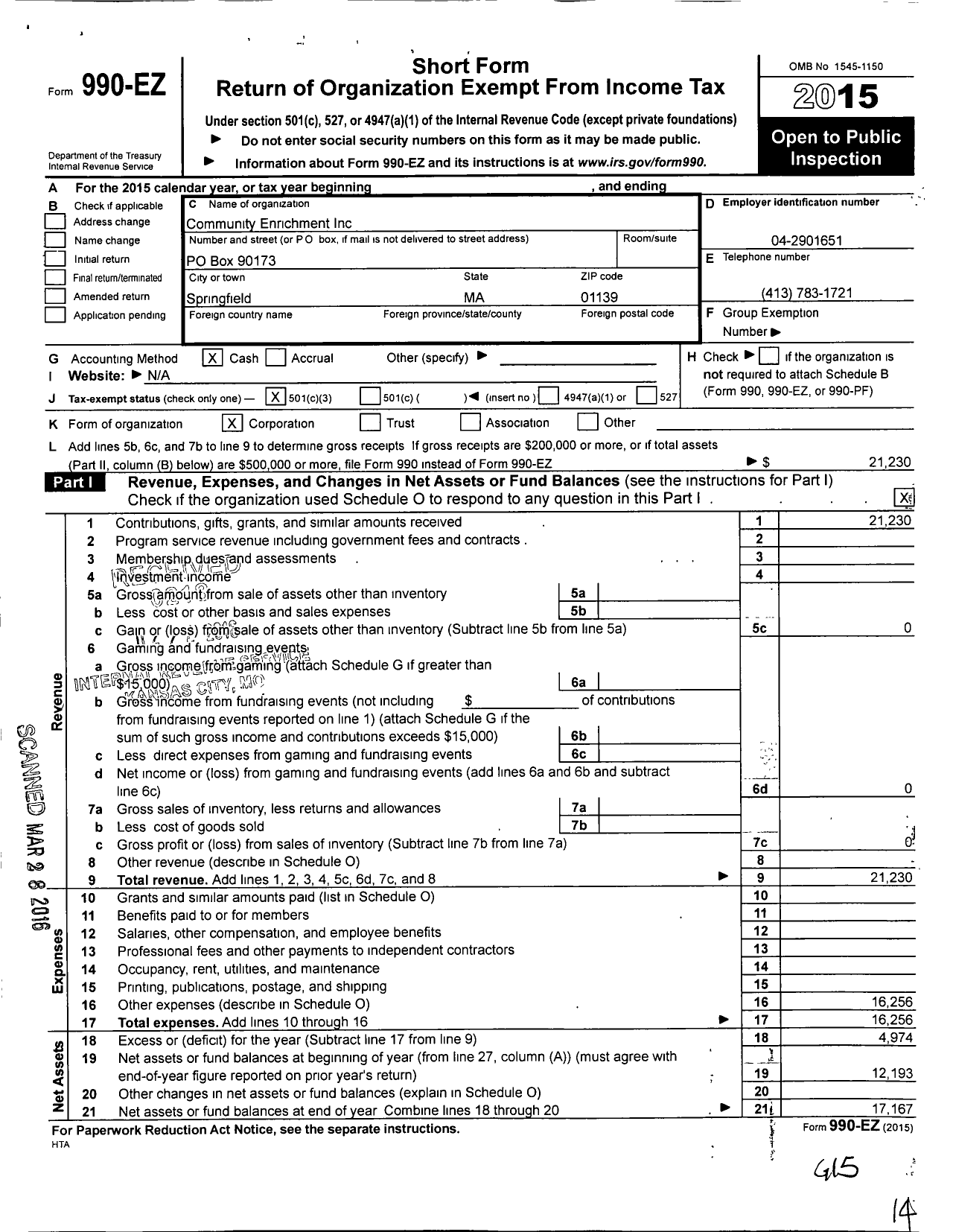 Image of first page of 2015 Form 990EZ for Community Enrichment