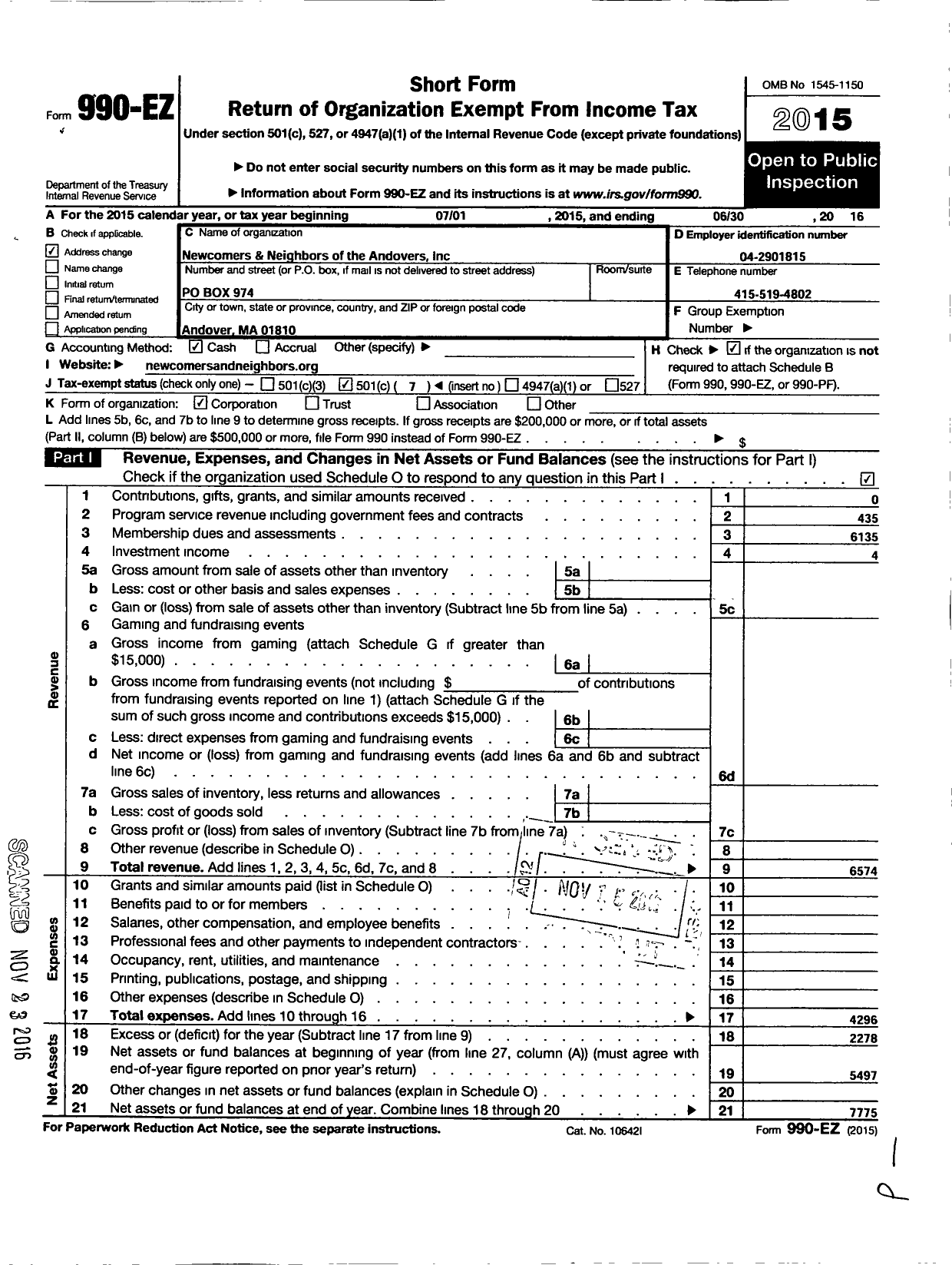 Image of first page of 2015 Form 990EO for Newcomers and Neighbors of the Andovers