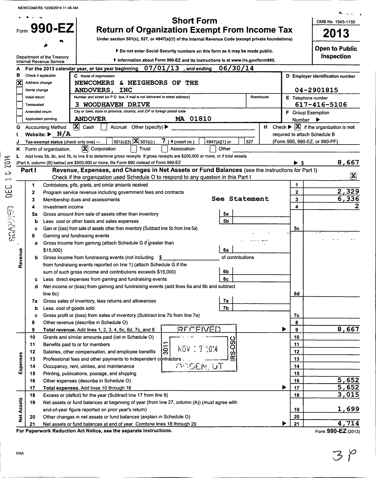 Image of first page of 2013 Form 990EO for Newcomers and Neighbors of the Andovers