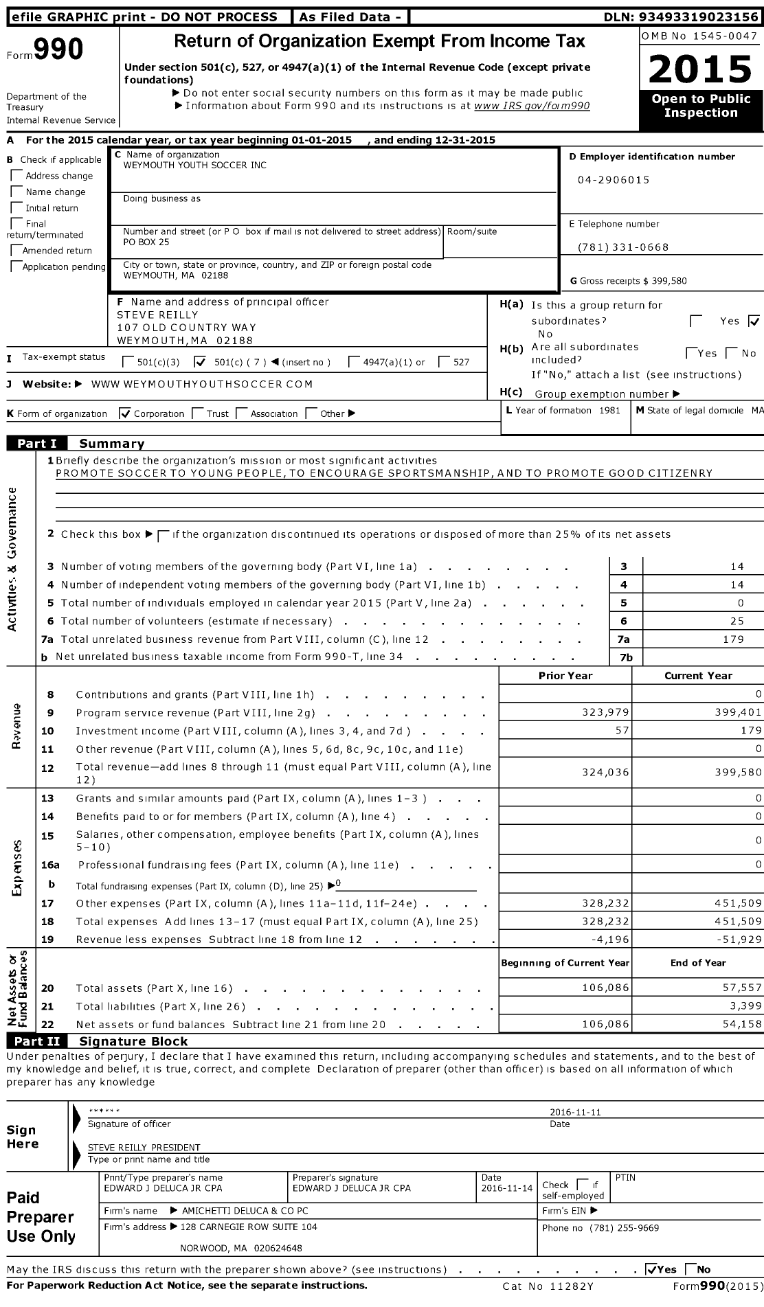 Image of first page of 2015 Form 990O for Weymouth Youth Soccer