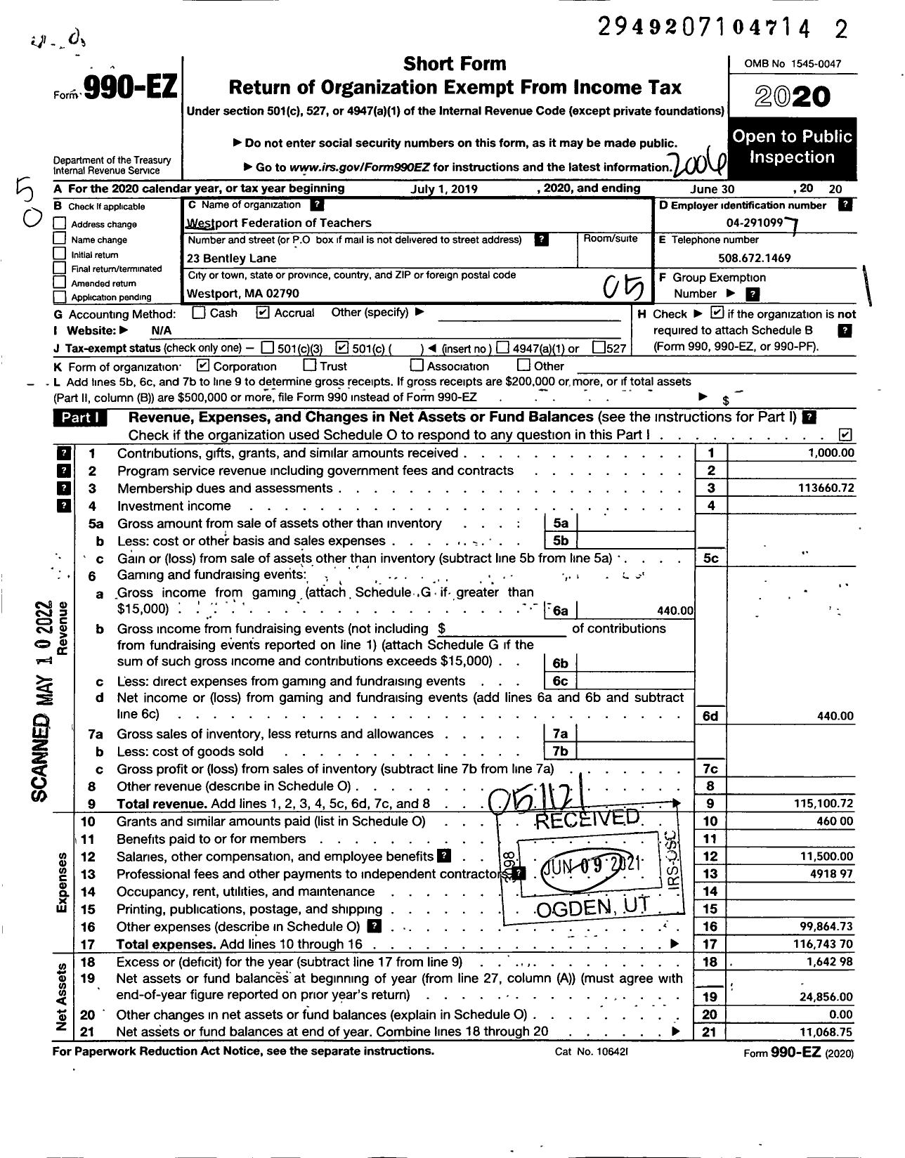 Image of first page of 2019 Form 990EO for American Federation of Teachers - 1906 Westport Fed of Teachers