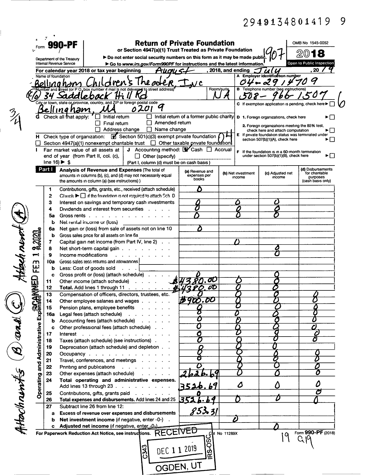 Image of first page of 2018 Form 990PF for Bellingham Childrens Theater