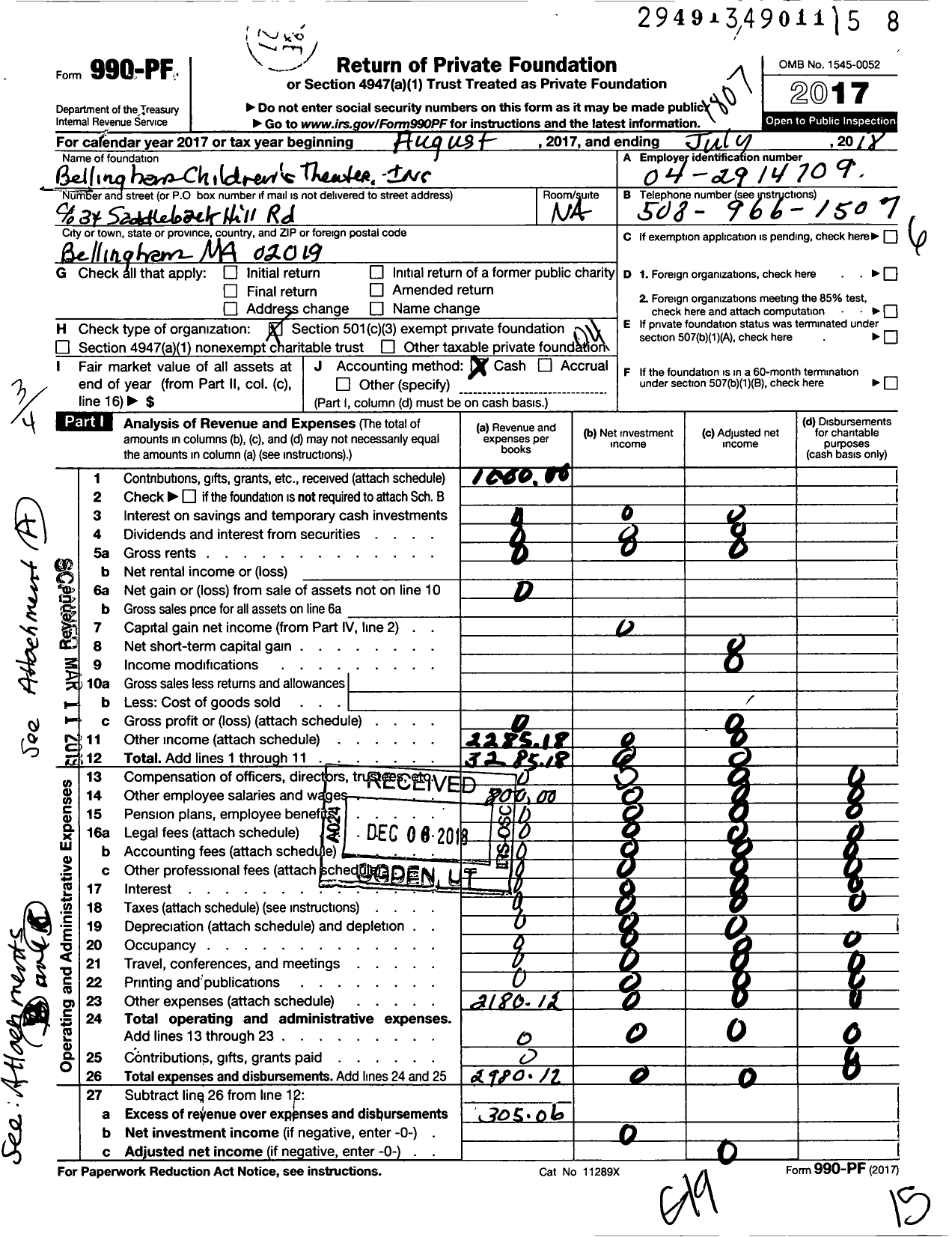 Image of first page of 2017 Form 990PF for Bellingham Childrens Theater