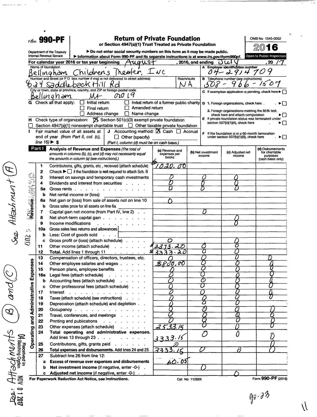 Image of first page of 2016 Form 990PF for Bellingham Childrens Theater