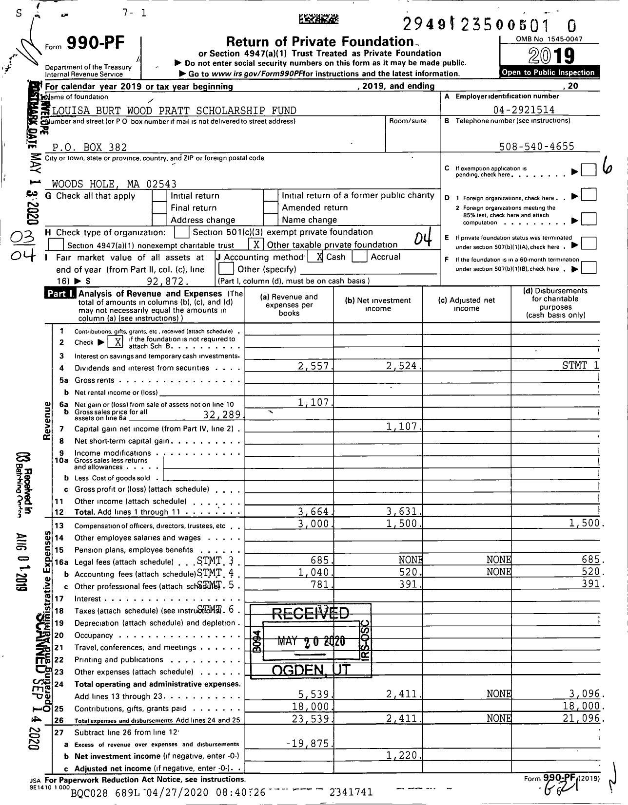 Image of first page of 2019 Form 990PR for Louisa Burt Wood Pratt Scholarship Fund