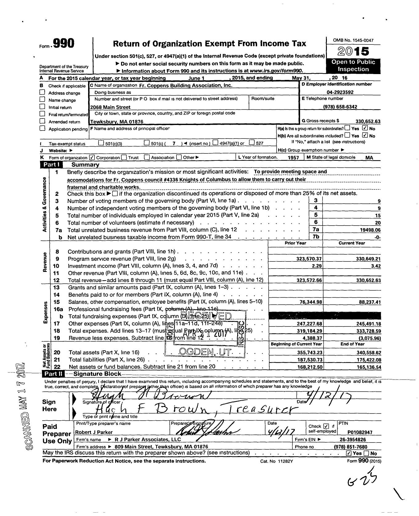 Image of first page of 2015 Form 990O for FR Coppens Building Association