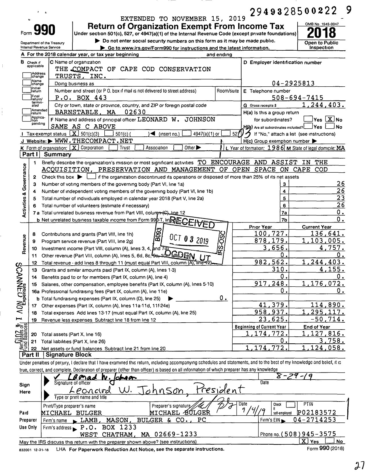 Image of first page of 2018 Form 990 for The Compact of Cape Cod Conservation Trusts