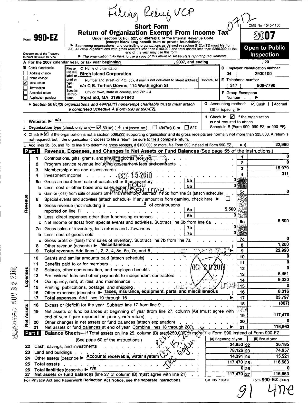 Image of first page of 2007 Form 990EO for Birch Island Corporation