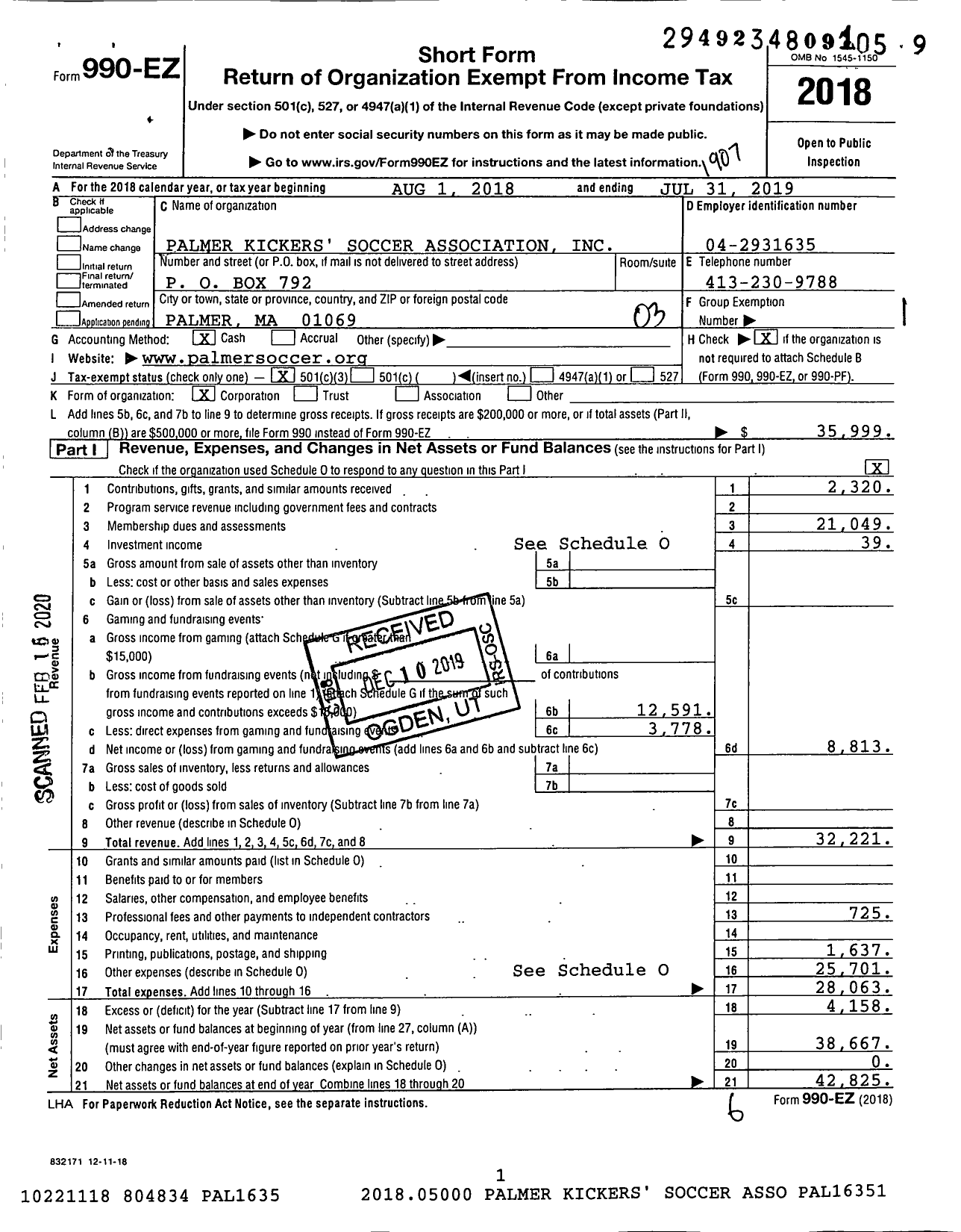 Image of first page of 2018 Form 990EZ for Palmer Kickers' Soccer Association