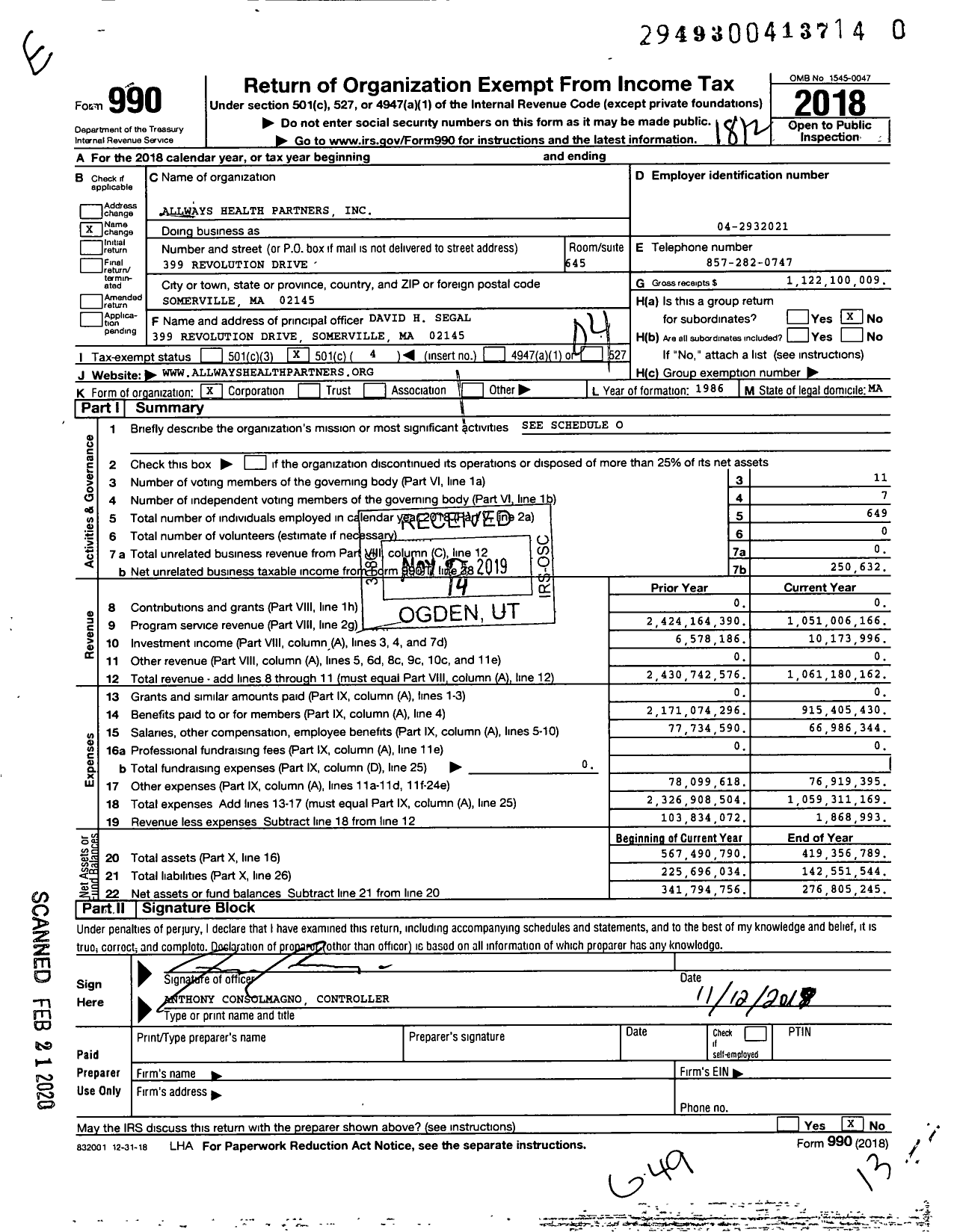 Image of first page of 2018 Form 990O for Mass General Brigham Health Plan (NHP)
