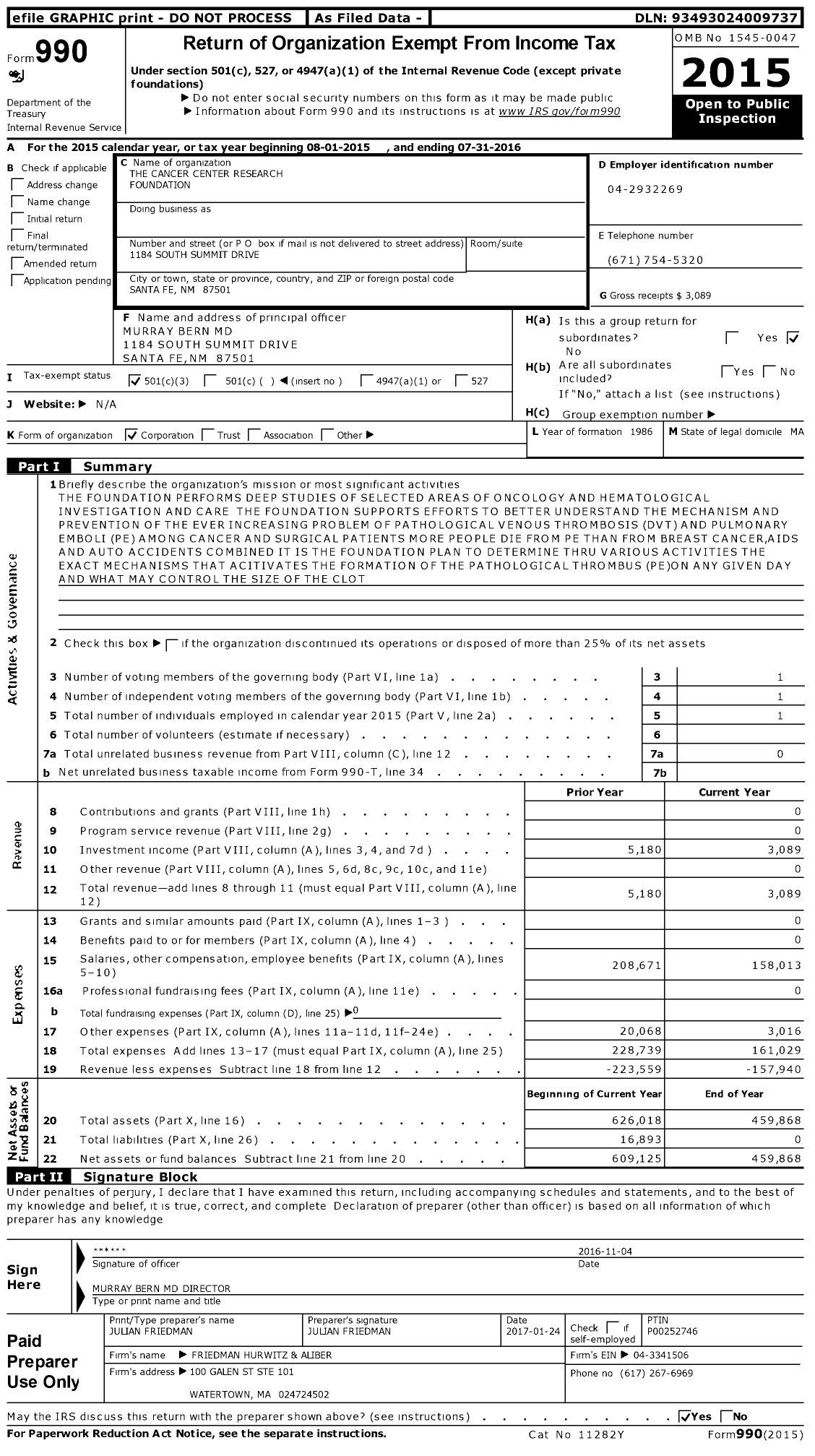 Image of first page of 2015 Form 990 for The Cancer Center Research Foundation