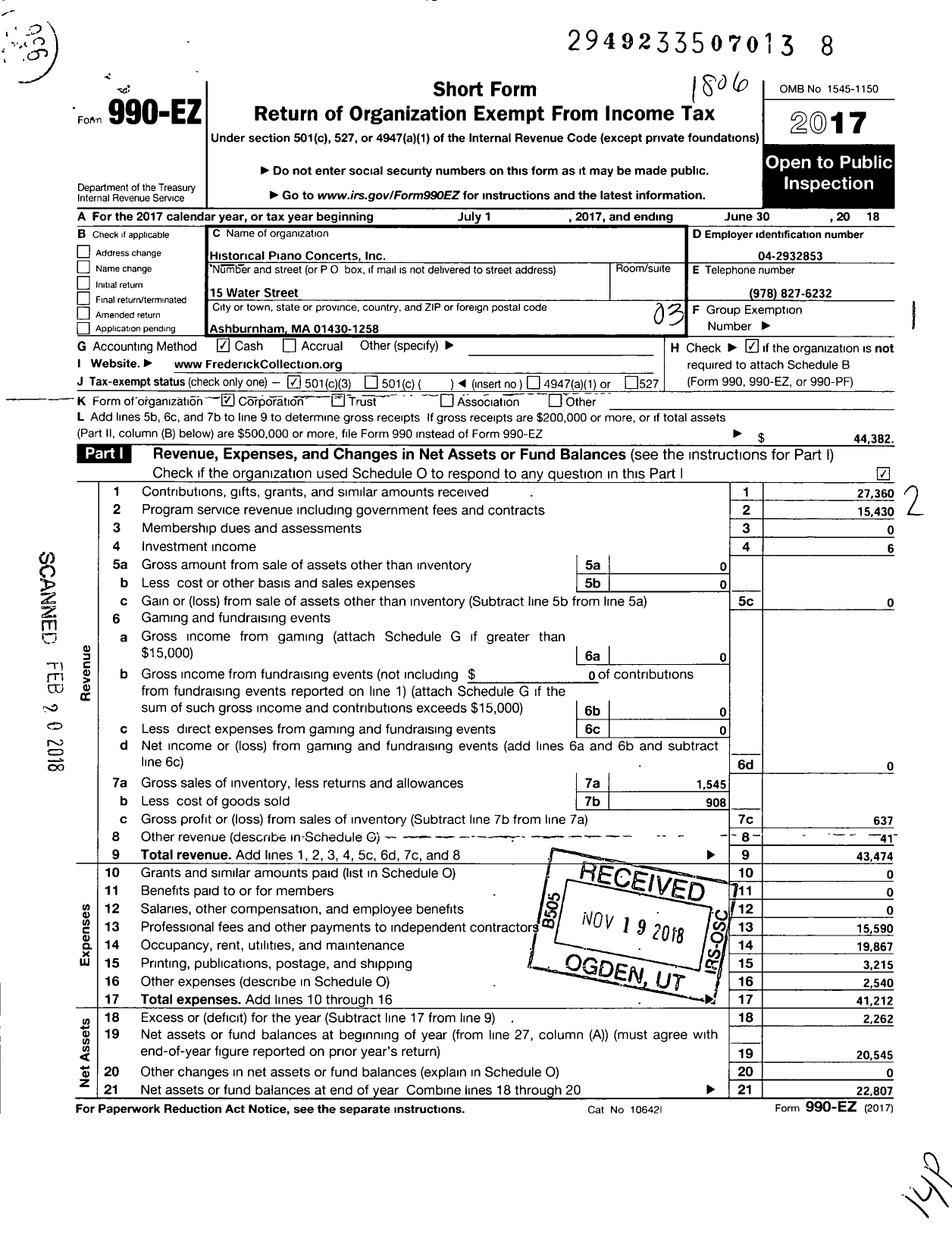 Image of first page of 2017 Form 990EZ for Historical Piano Concerts