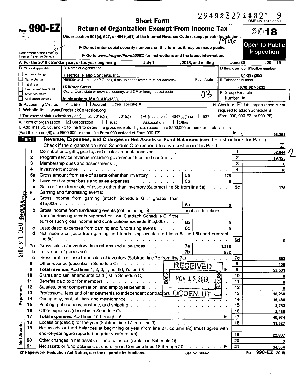 Image of first page of 2018 Form 990EZ for Historical Piano Concerts