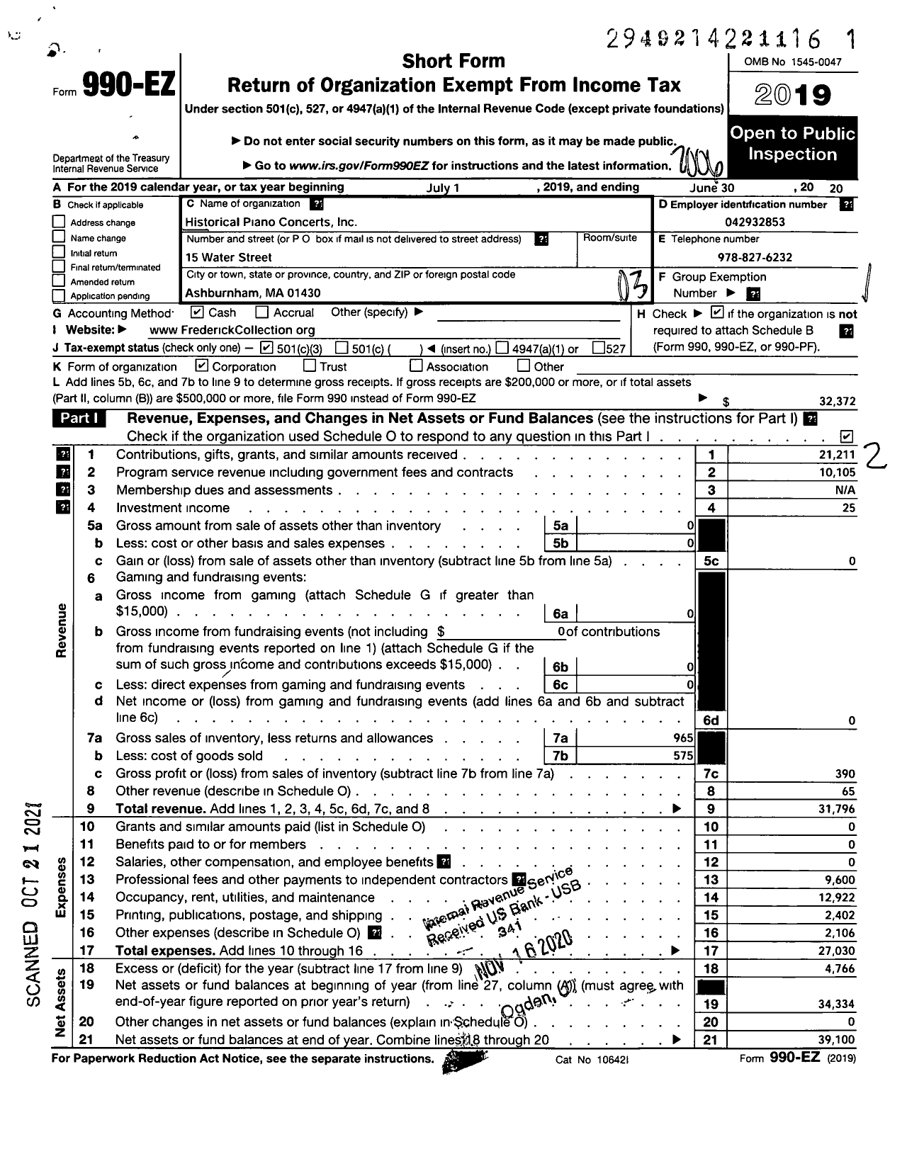 Image of first page of 2019 Form 990EZ for Historical Piano Concerts