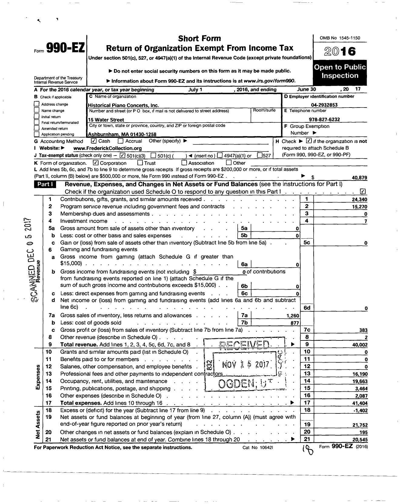 Image of first page of 2016 Form 990EZ for Historical Piano Concerts