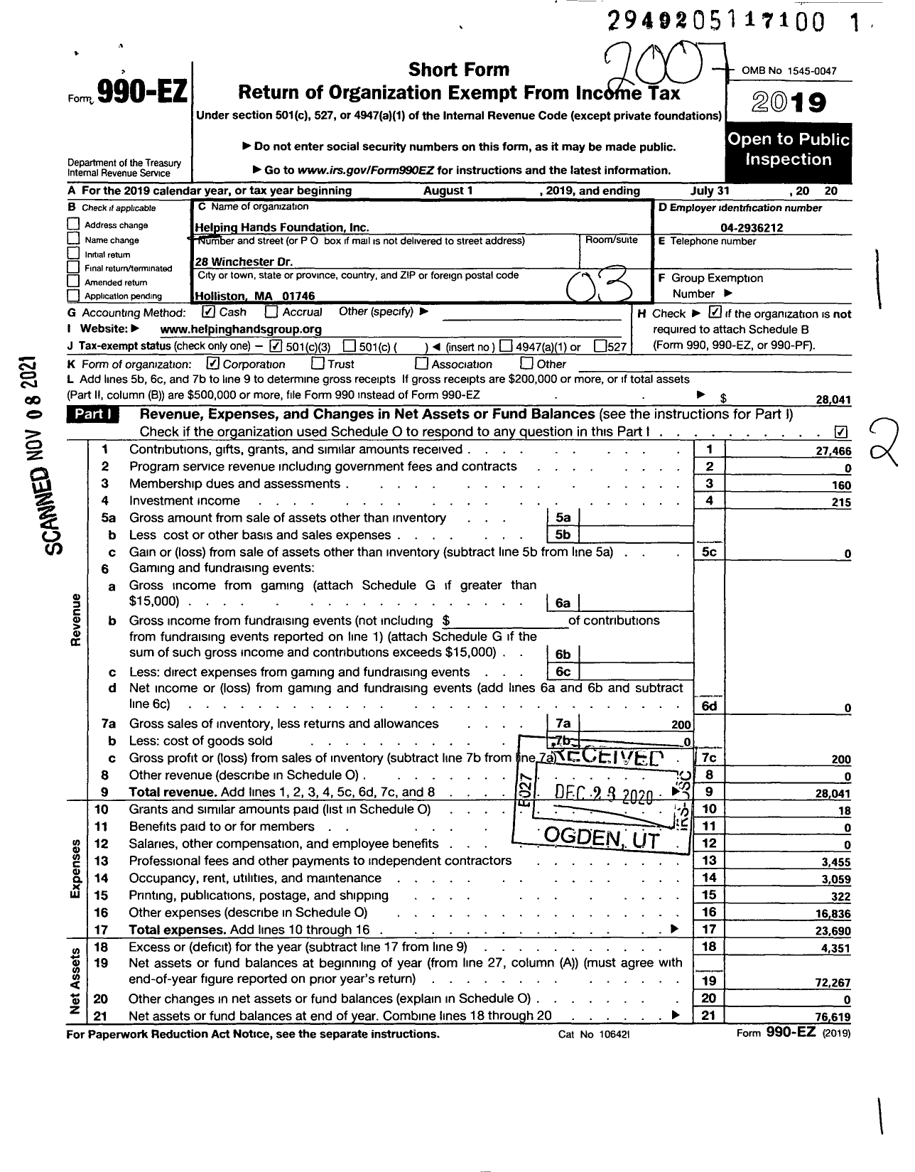 Image of first page of 2019 Form 990EZ for Helping Hands Foundation