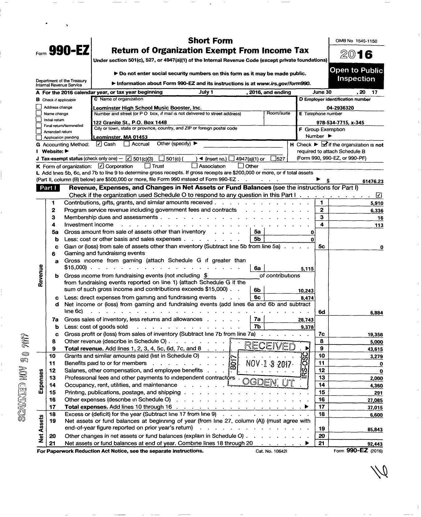 Image of first page of 2016 Form 990EZ for Leominster High School Music Boosters