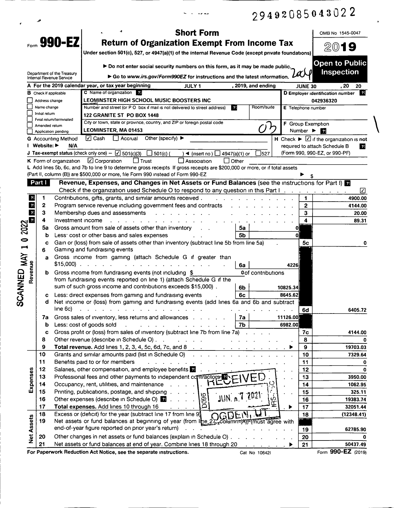 Image of first page of 2019 Form 990EZ for Leominster High School Music Boosters