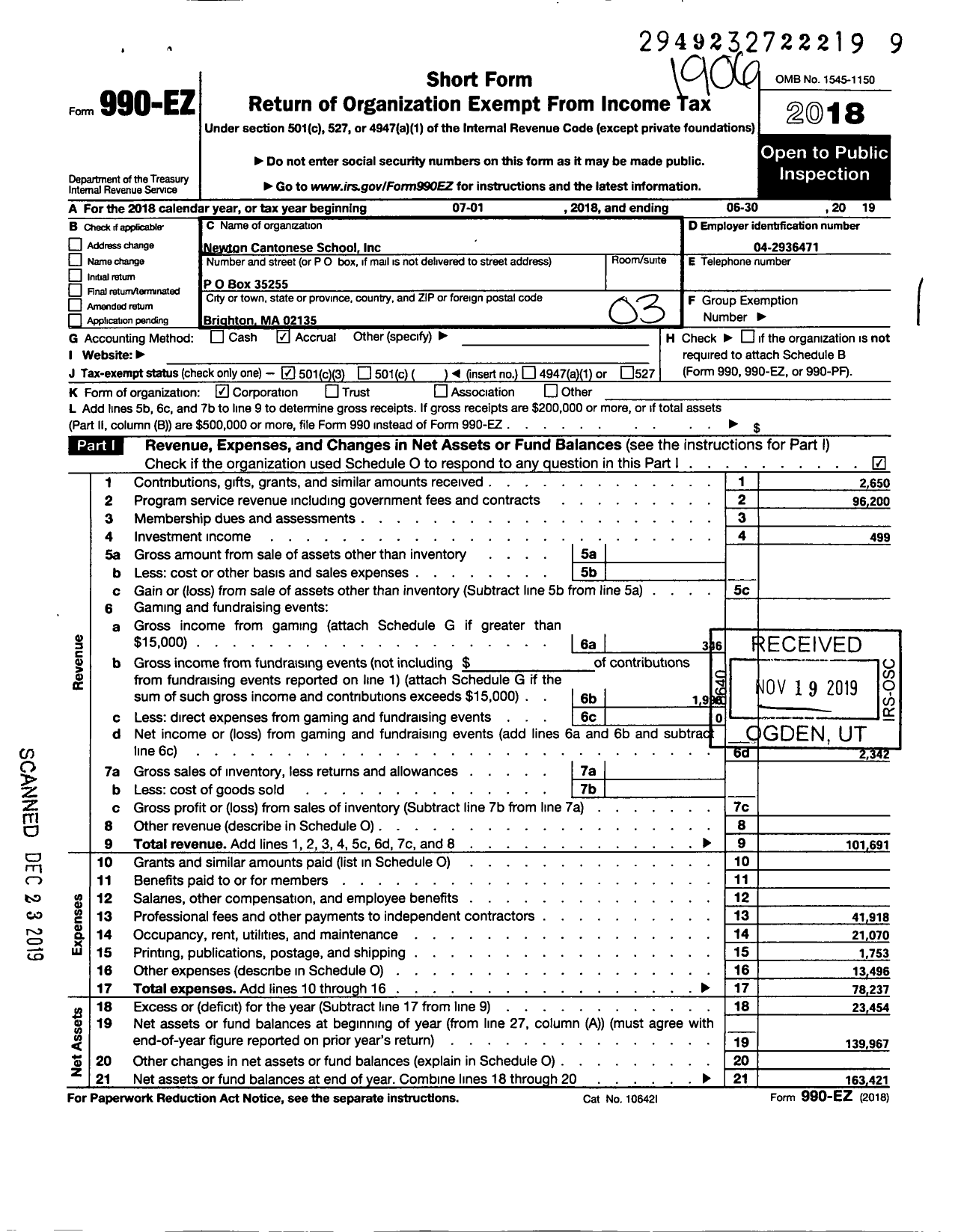 Image of first page of 2018 Form 990EZ for Newton Cantonese School