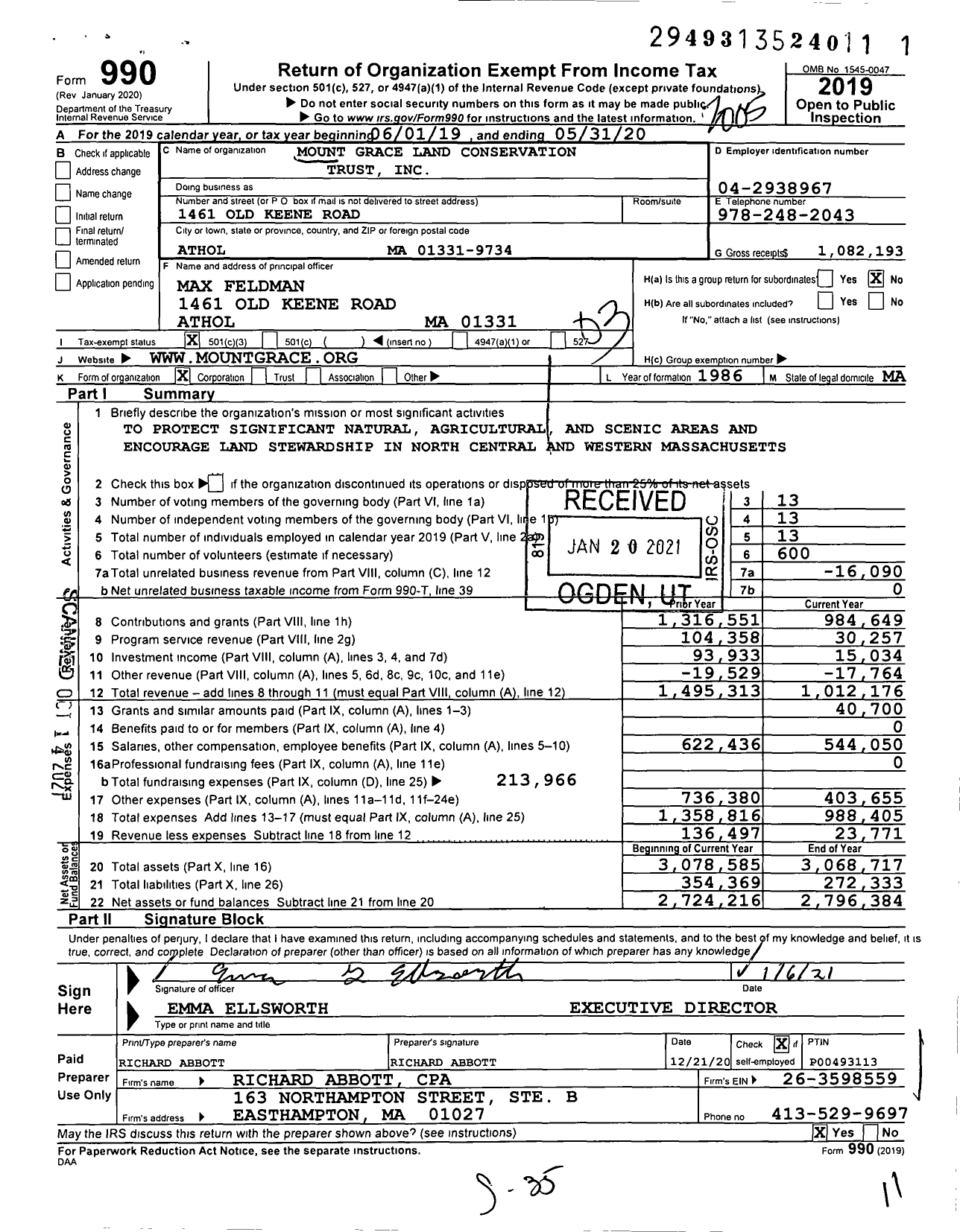 Image of first page of 2019 Form 990 for Mount Grace Land Conservation Trust